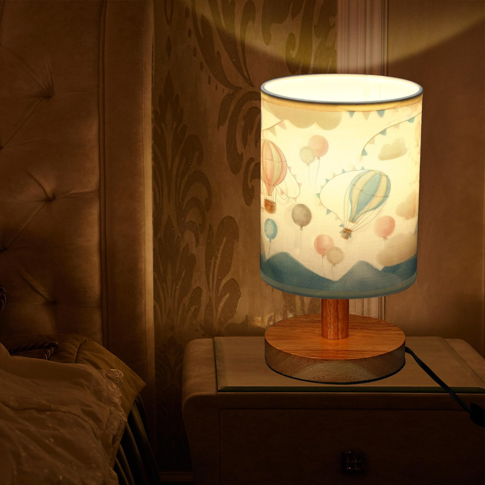 Vihose Hot Air Balloon Table Lamp For Bedroom Kids Bedside Lamp With Linen Wooden Nightstand Lamp Cartoon Nursery Lamp Lampshade For Girls Boys Living Room