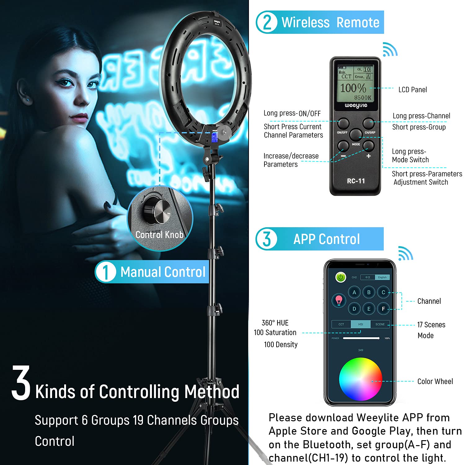 Weeylite We-10 18 Inch Ring Light, Rgb Light Ring With Tripod Stand & Phone Holder, Remote/App Control, Dimmable 2500K-8500K Cri95 Circle Selfie Light For Live Stream Makeup Selfie Video Tiktok