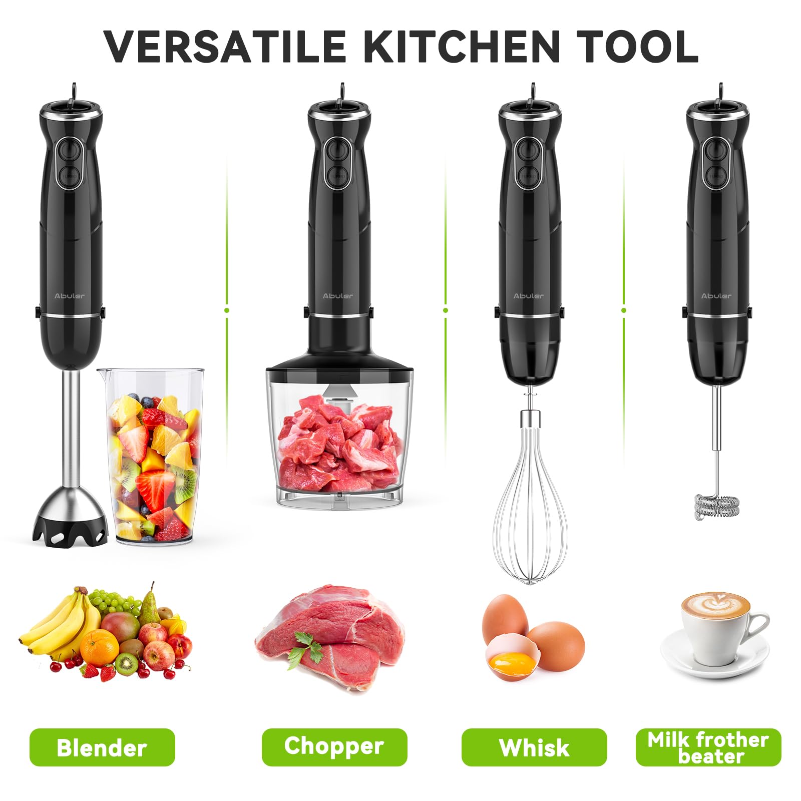 Abuler Immersion Blender Handheld, 800W Scratch Resistant Hand Blender, 5 In 1 Emulsifier Blender Mixer, Bpa- 12 Speed Stick Blender, Beaker, Chopper, Whisk, Frother, For Soup, Sauce, Baby Food