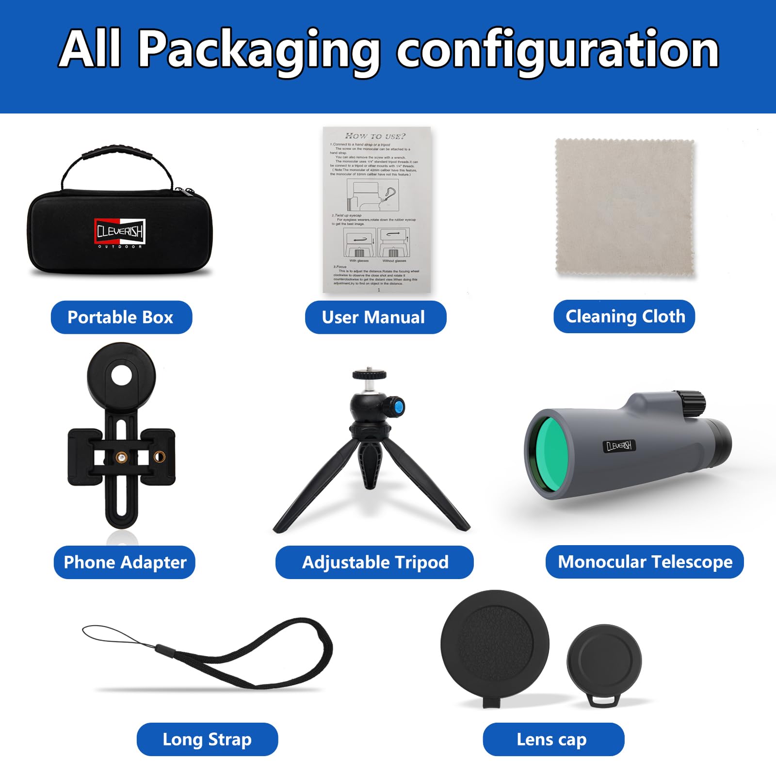 Cleverish 12X56 High Power Monoculars For Adluts, Tripod Travel Bag With Smartphone Adapter, Bak-4 Prism, Ultra Clear Fmc Lens For Bird Watching, Hunting, Traveling, Hiking.Designed In United States