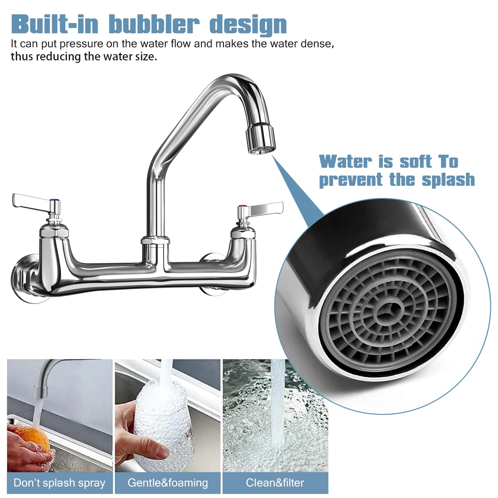 Cwm Wall Mount Kitchen Faucet 8" Center Commercial Faucets With 8 Inch Swivel Spout