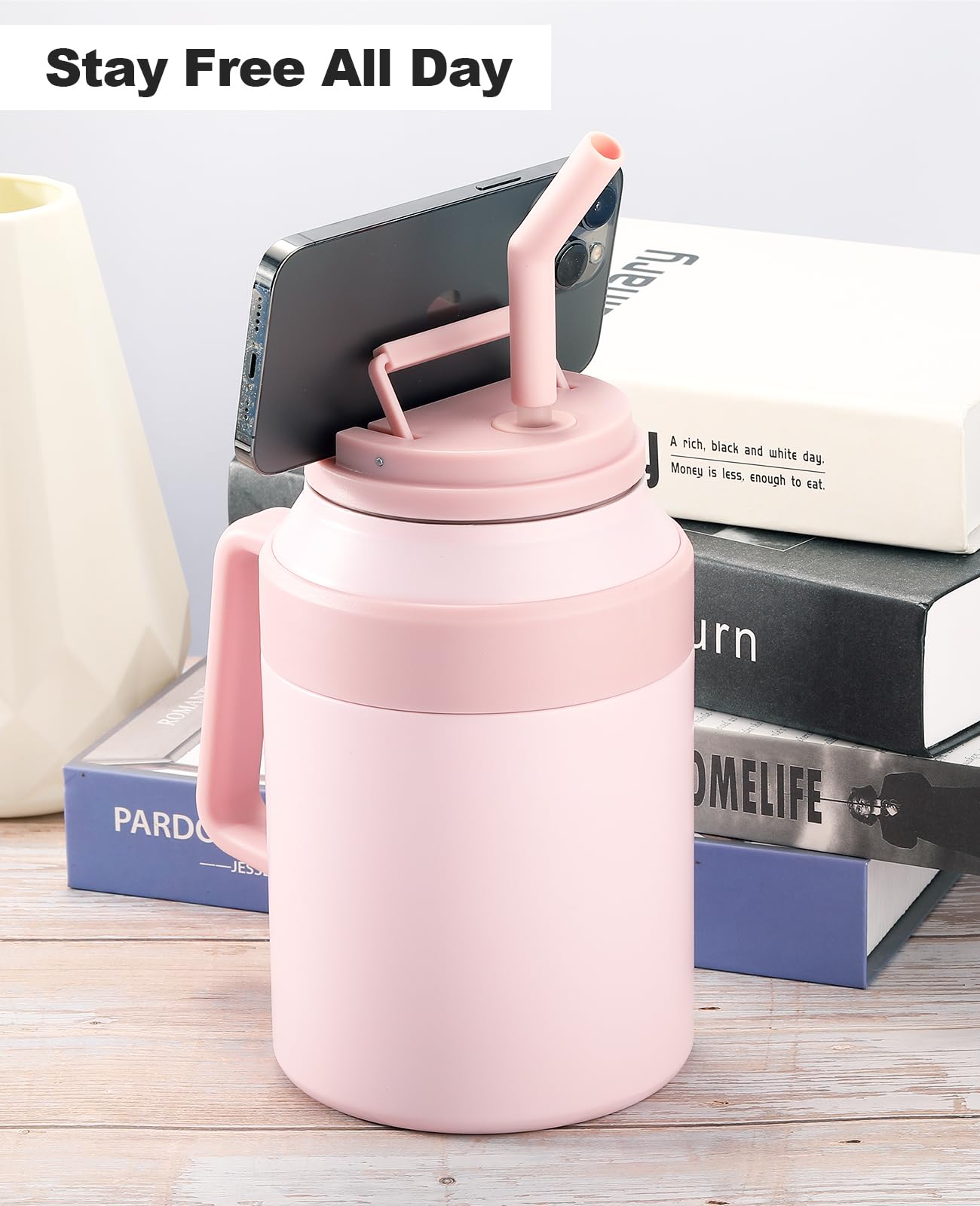 50 Oz Insulated Tumbler With Handle And Straw,Vacuum Insulated Stainless Steel Water Bottle Thermal