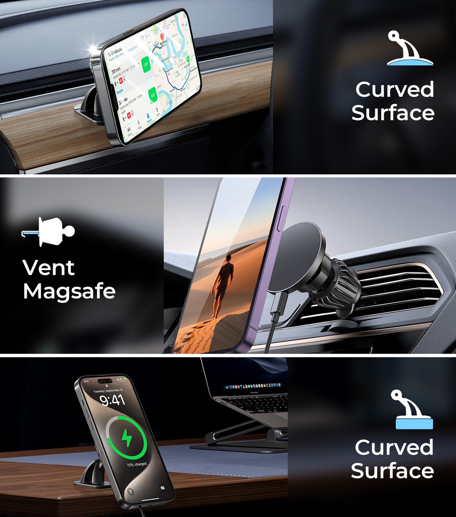 Aredan For Magsafe Car Mount Wireless Charger, 2-In-1 Dashboard And Air Vent Mount, Strong Adhesive, Heat Resistant, 360° Rotation, Magnetic Phone Holder For Your Car Accessories For Iphone 16/15 Pro Max