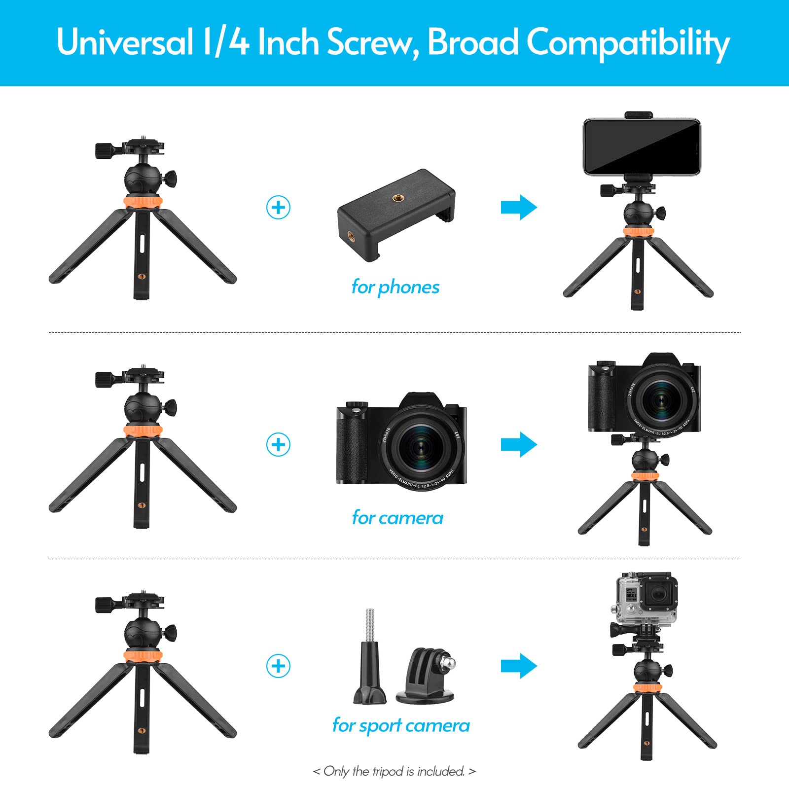 Wisoqu Mini Tripod With 1/4 Inch Screw, Wide Application, Sturdy And Portable Design, Height Adjustable For Dslr Ildc Action Cameras