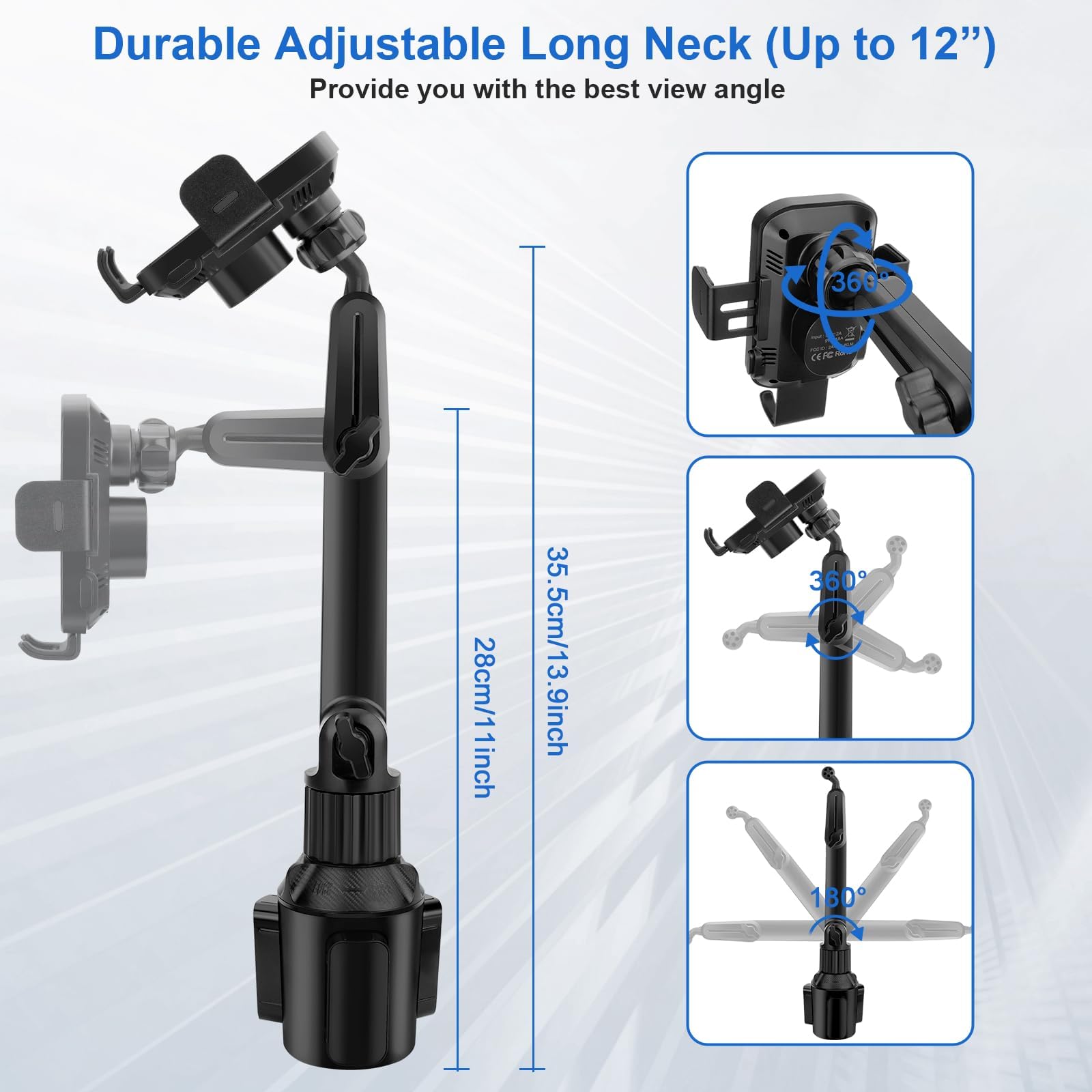 Trixcoin 2-In-1 Wireless Car Cup Holder Phone Charger: 15W Fast Charging Auto Clamping Air Vent Car Mount Charger 13Inch Adjustable Long Neck Phone Holder Cradle For Car, Universal For Iphone Samsung