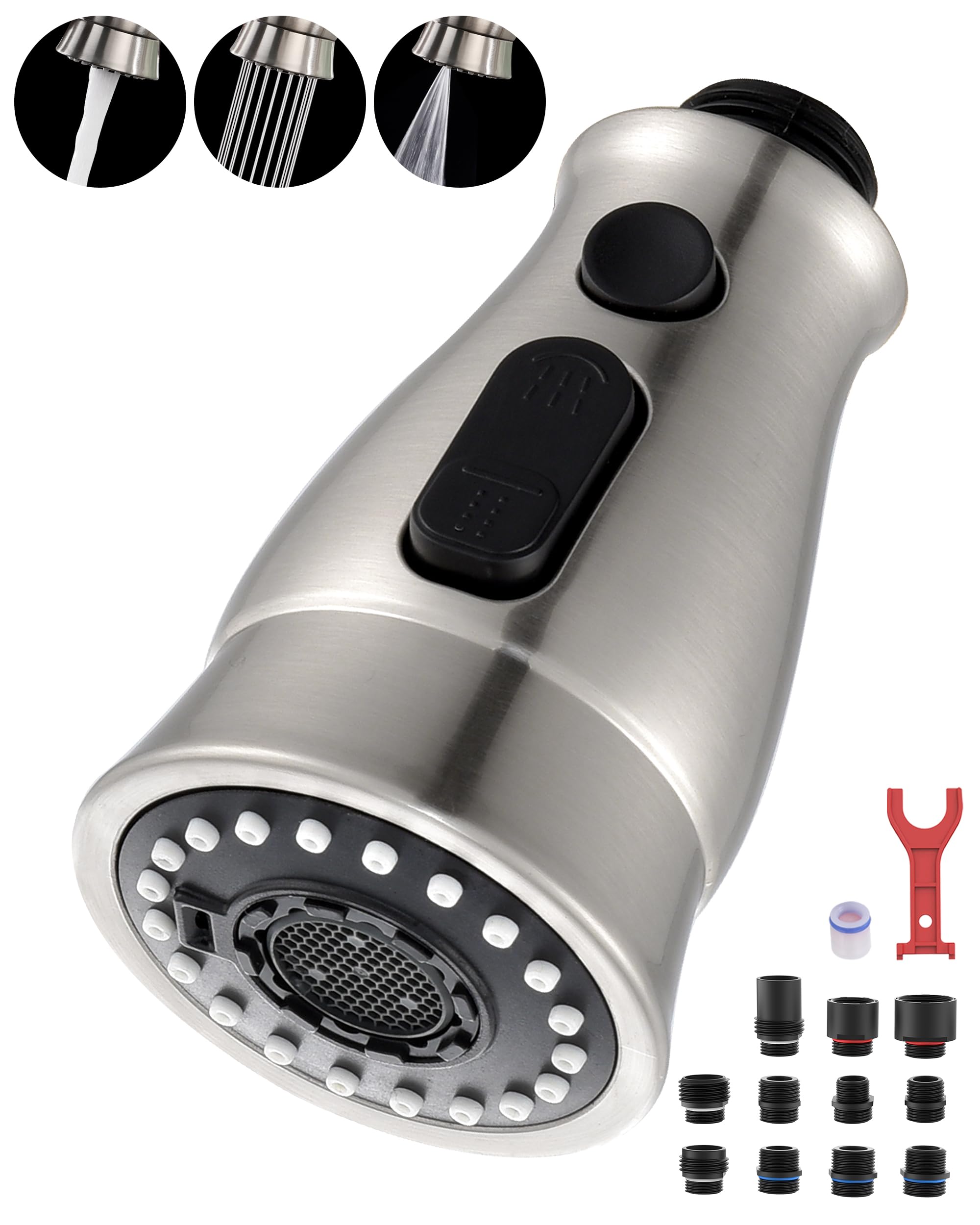 J-Hva Kitchen Faucet Sprayer Head Replacement With 15 Adapters (Updated) - Pull Down Kitchen Sink Faucet Spray Nozzle Head Replacement 3-Function Tap Spray Head For Kitchen Sink, Brushed Nickel