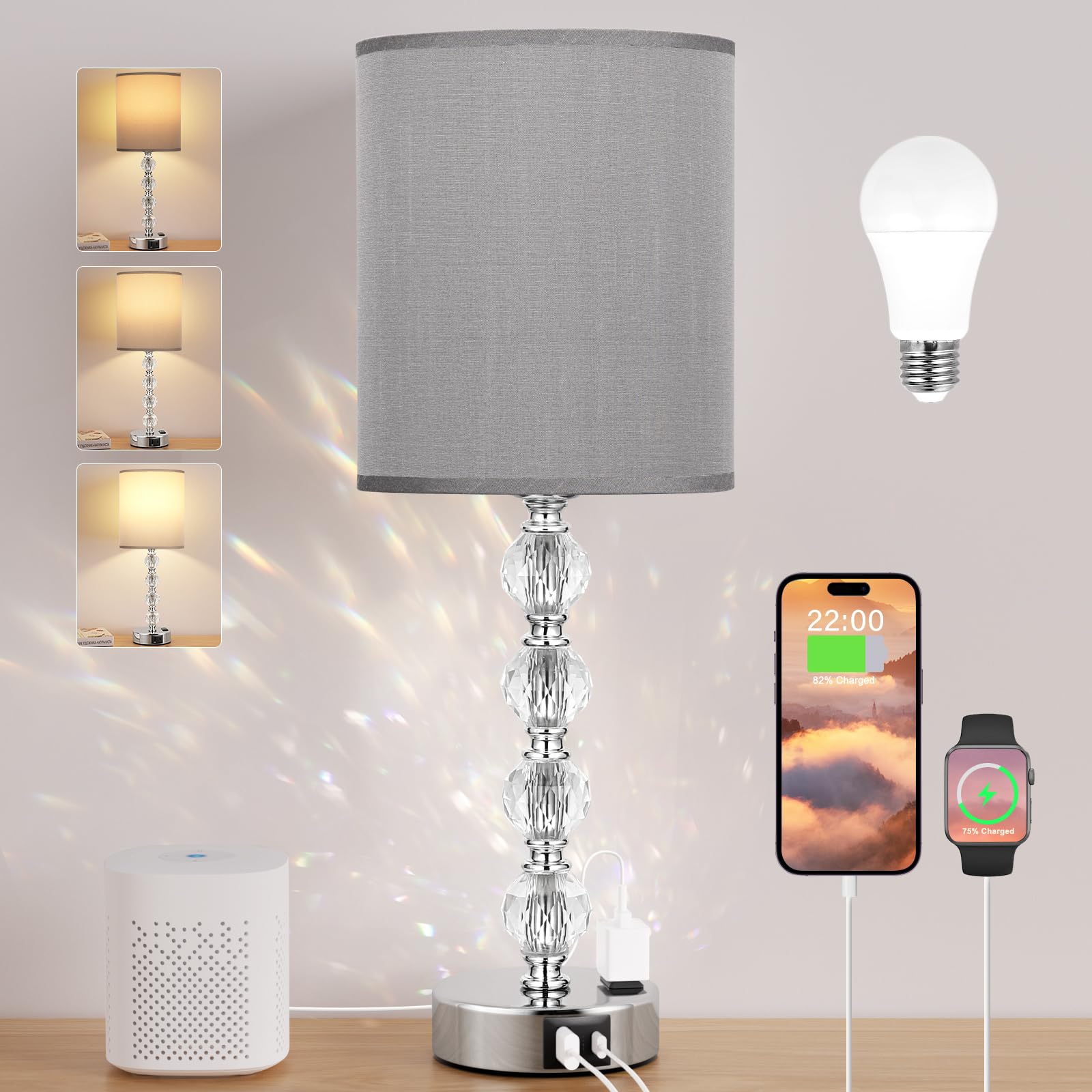 Acaxin Touch Bedside Crystal Lamps For Bedrooms Nightstand With Usb C+A Charging Port And Ac Outlet White, 3 Way Dimmable Silver Large End Side Table Lamp For Living/Dinning Room/Kitchen/Bedroom