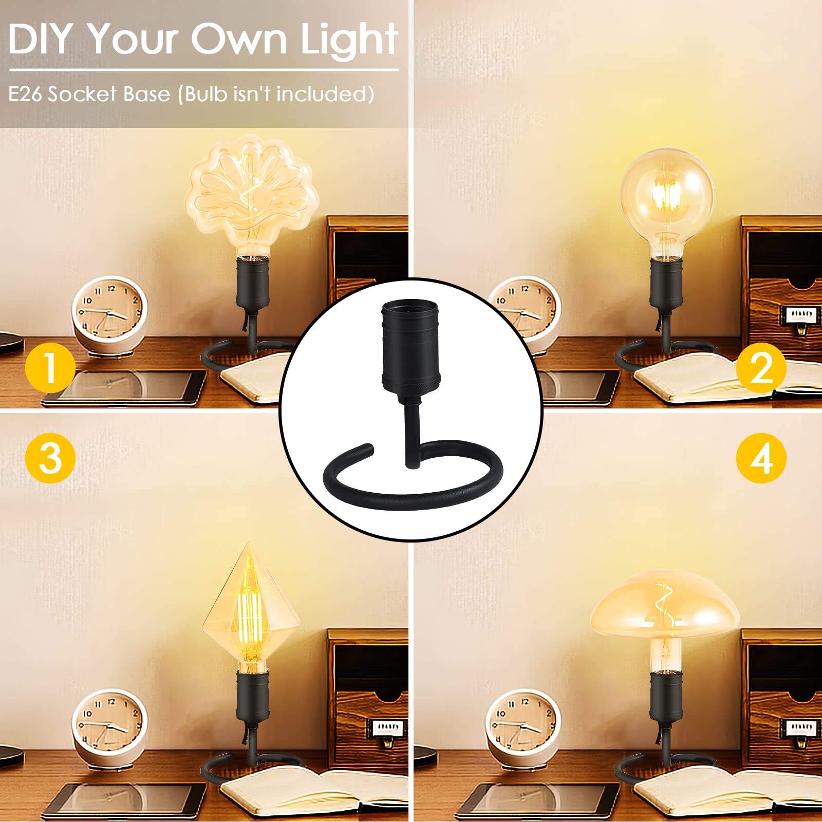 Bricosmocon Small Table Lamps For Bedroom Set Of 2, E26 Edison Desk Industrial Lamp Base Holder With Plug, Modern Black Metal Lamp, Cute Night Table Lamp For Nightstand, Bedside, Office, Living Room(No Bulbs)