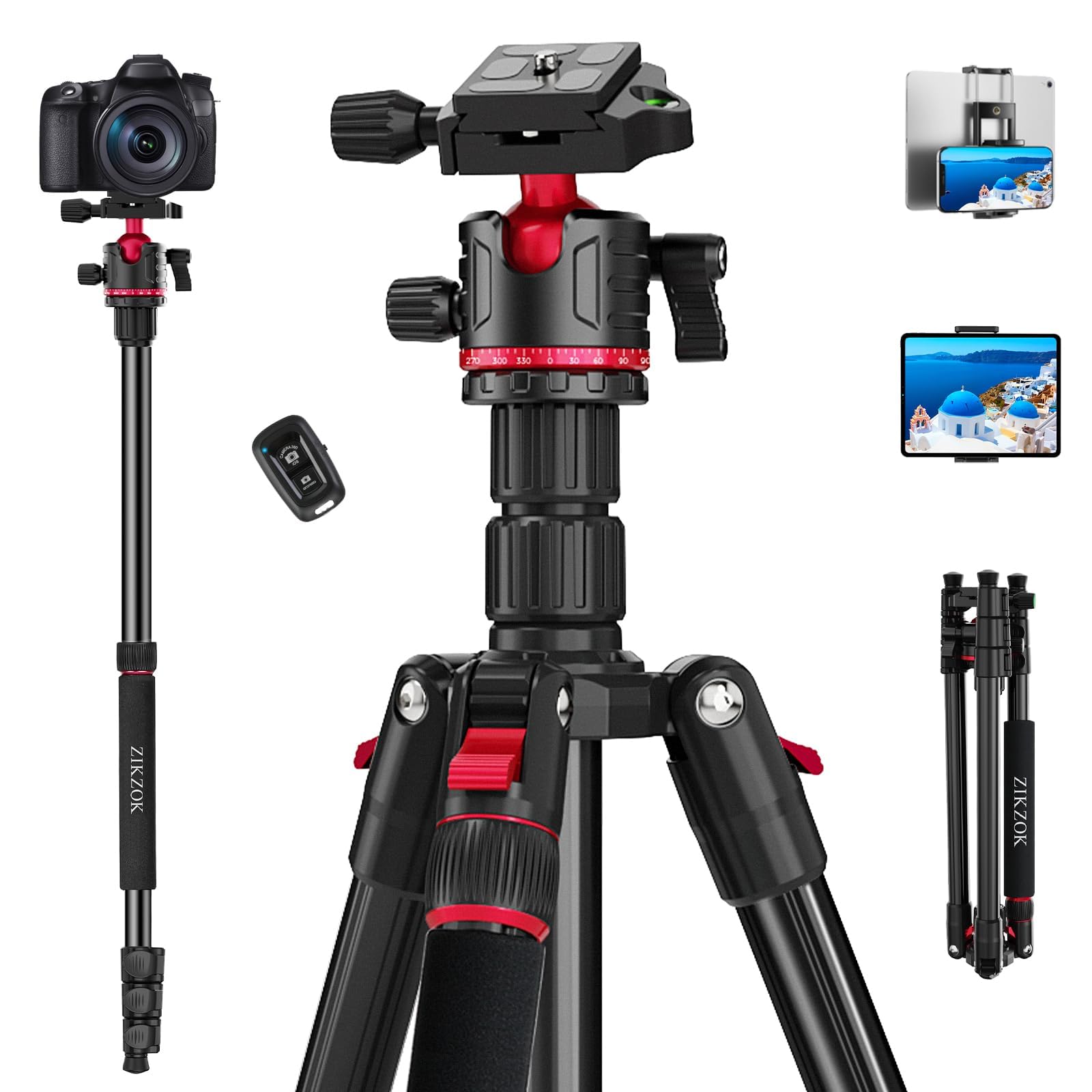 Zikzok 70" Tripod For Camera, Professional Aluminum Camera Tripod & Monopod With 360° Ball Head, Adjustable Lightweight Travel Tripod For Phone,Dslr,Tablet With Carry Bag