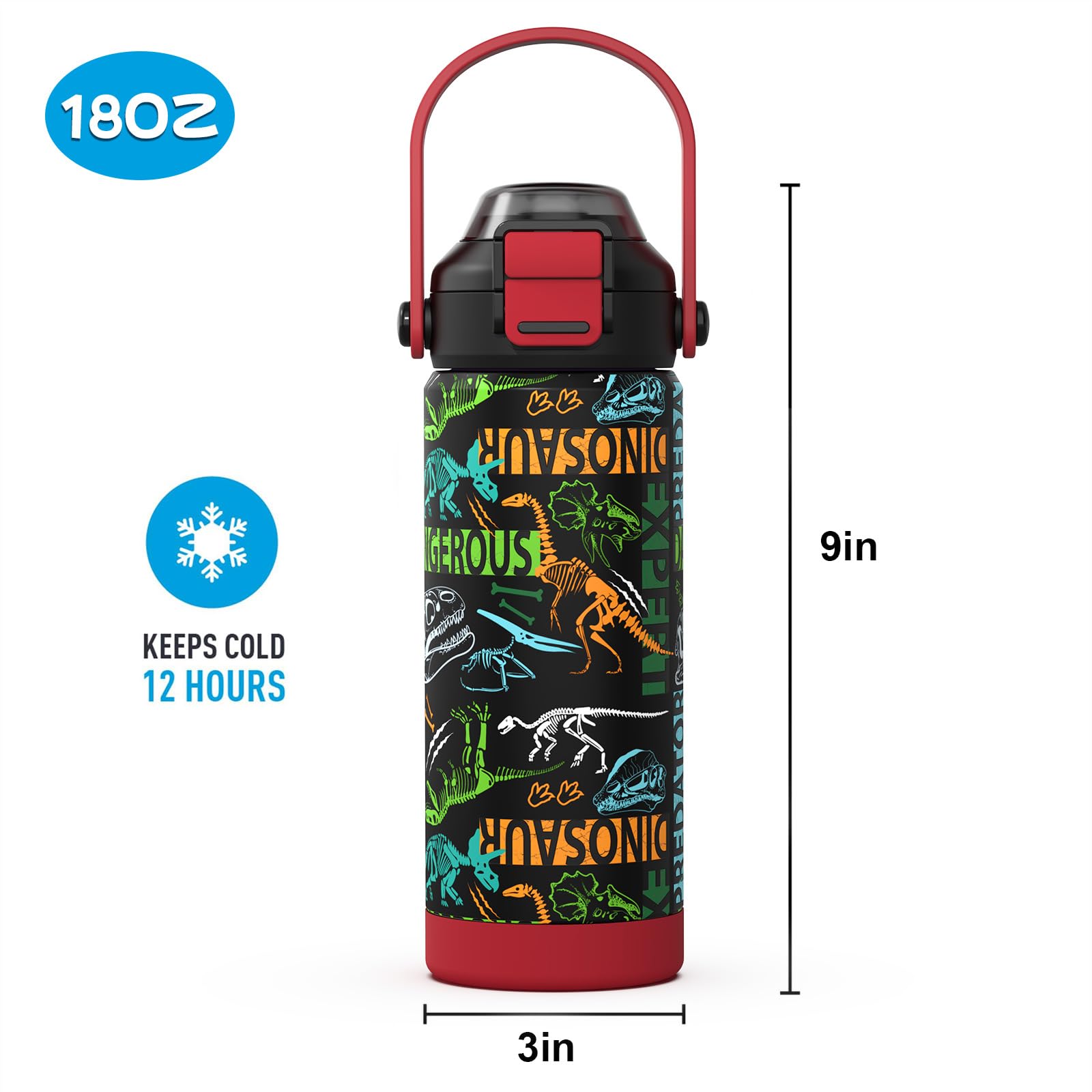 Boys Insulated Water Bottle With Pop-Open Straw & Spout 2-In-1 Lid,18Oz Kids Cups With Stainless