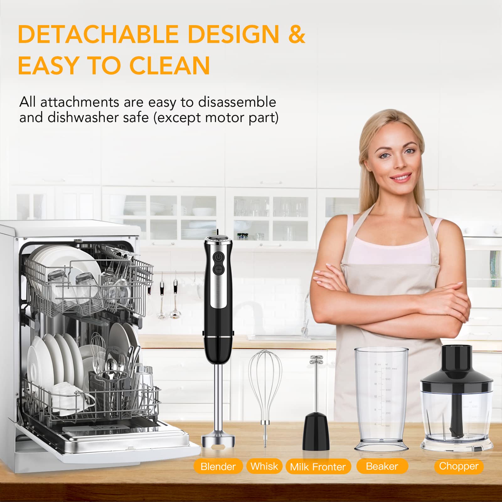 Aconee Immersion Hand Blender, 5-In-1 Hand Blender 800W Powerful Motor, 12 Speed & Turbo Mode Hand Mixer, 20Oz Beaker With Measuring Mark, 17Oz Food Chopper, Stainless Steel Blades, Bpa-, Whisk