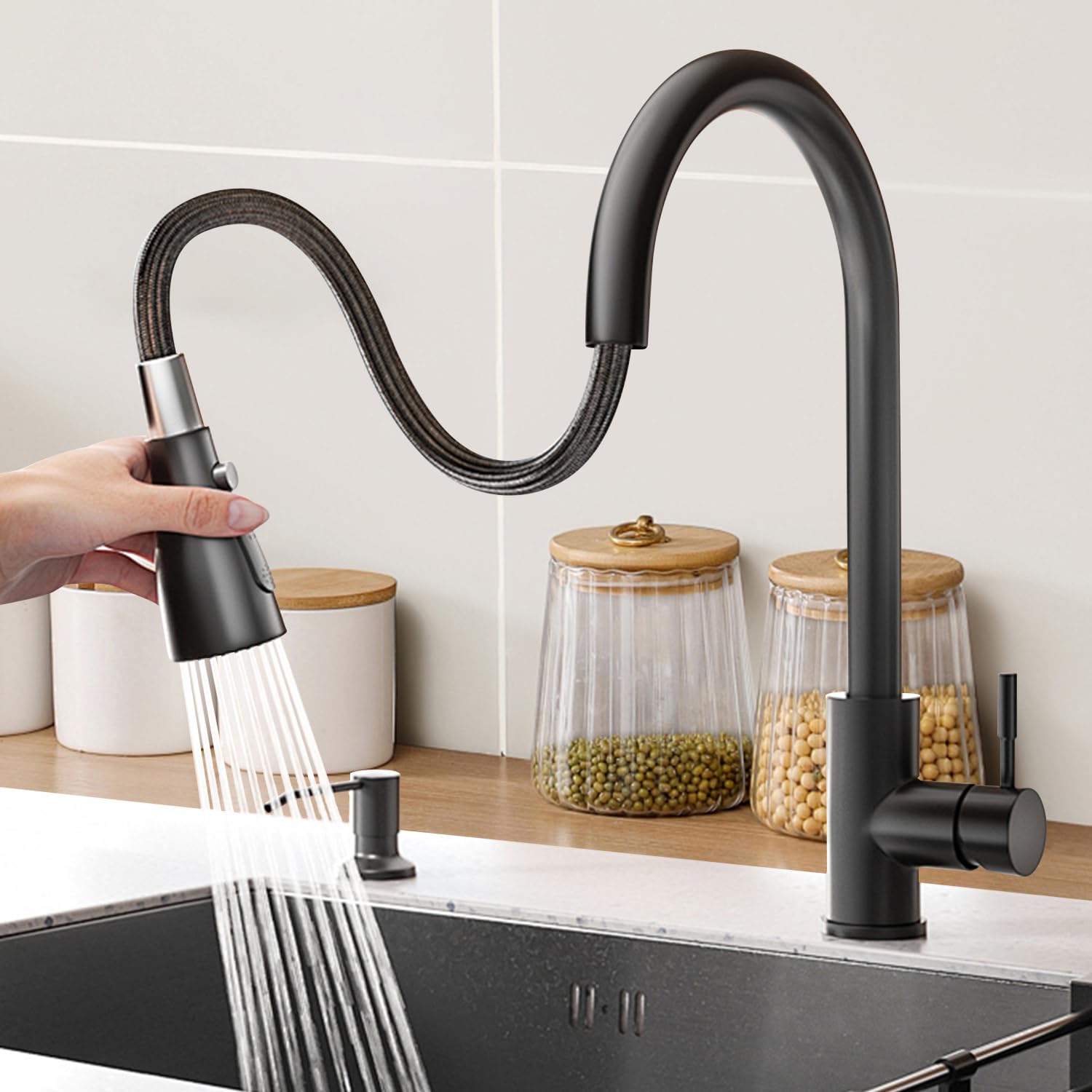 Hoozivt Kitchen Sink Faucet Replacement Parts, 4 Function Nozzle With 11 Adapters Compatible With Multiple Kitchen Sink Faucets, Easy To Replace Durable And Efficient, Black