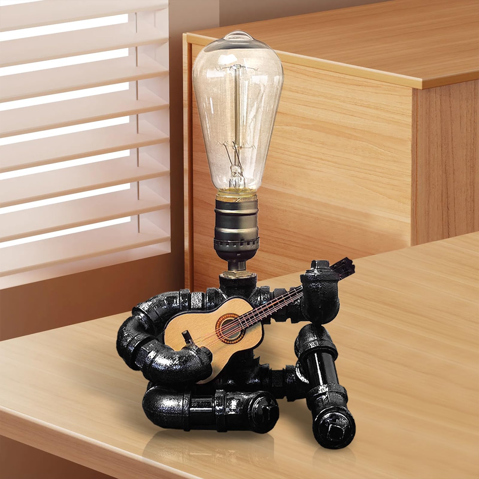 Chxtx Music Guitar Table Lamp - Cool For Men & Music Lovers - Edison Bulb Steampunk Pipe Lamps - Microphone Players Art Decor (Wood)