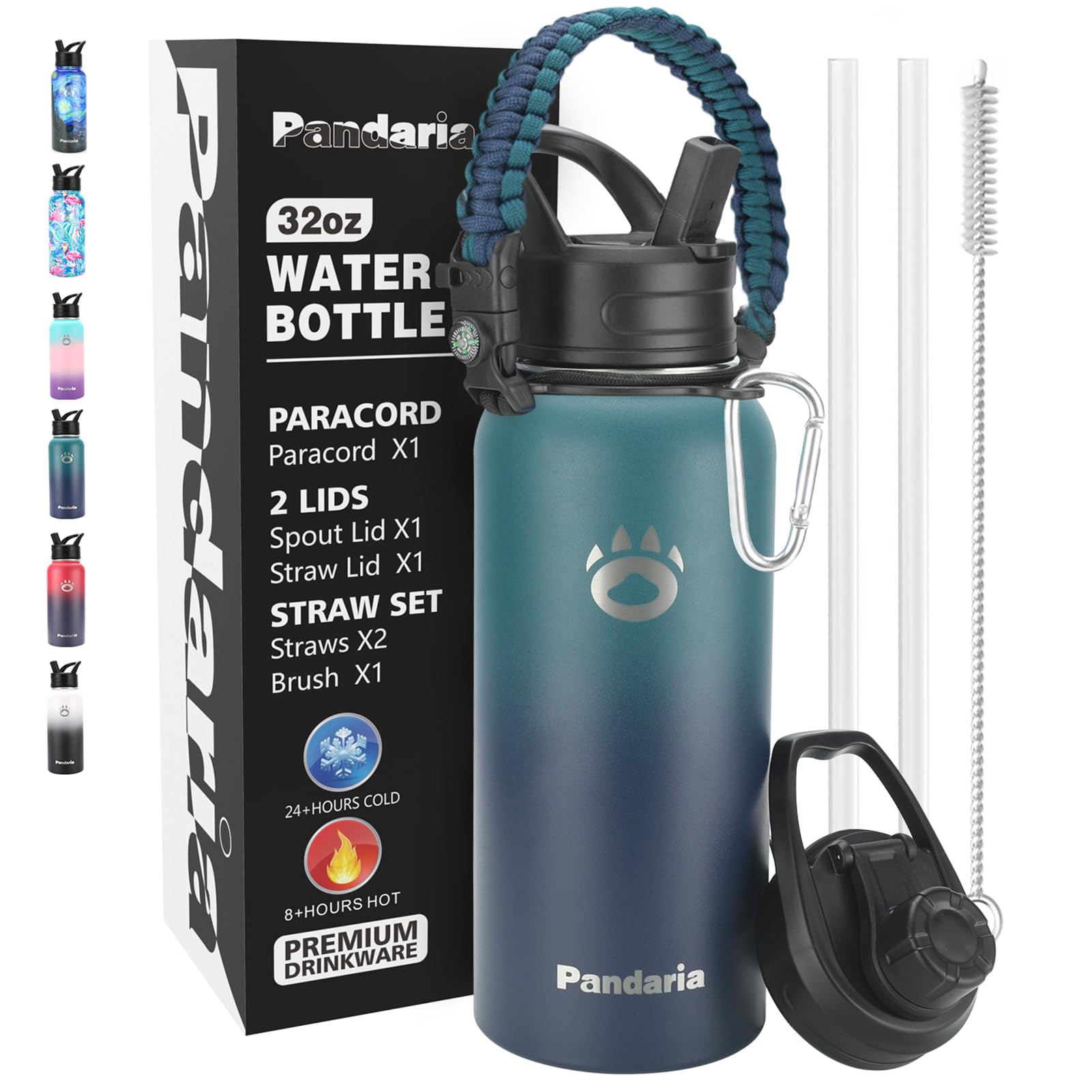 Insulated Water Bottle 32Oz, Stainless Steel Water Bottle With Straw & Spout Lids & Paracord Handle