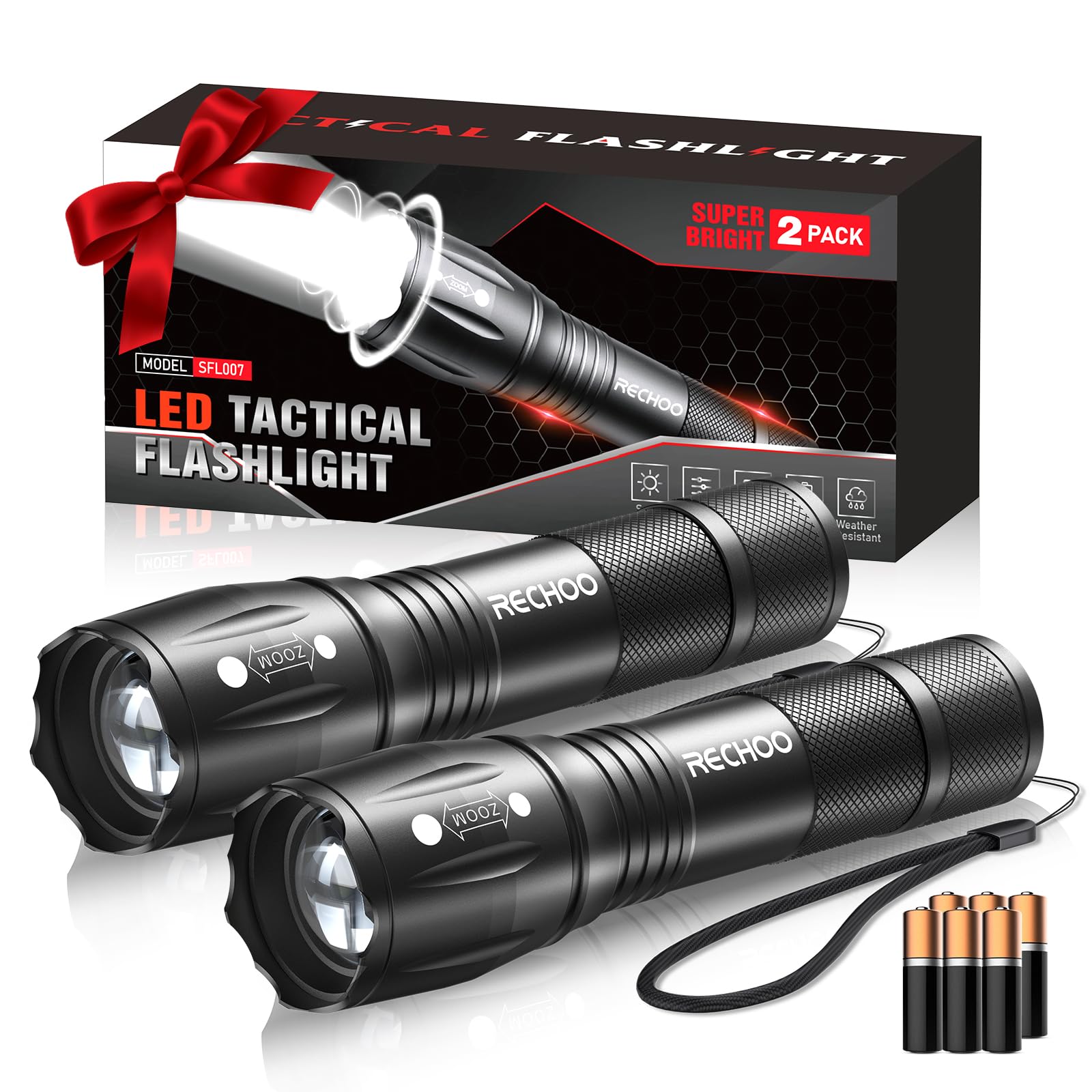 Rechoo Led Flashlights High Lumens 2 Pack, Powerful Tactical Flashlight With 3 Modes, Pocket Small Flash Light, Waterproof Zoomable Flashlights For Home Emergencies, Camping Essentials (Battery Included)