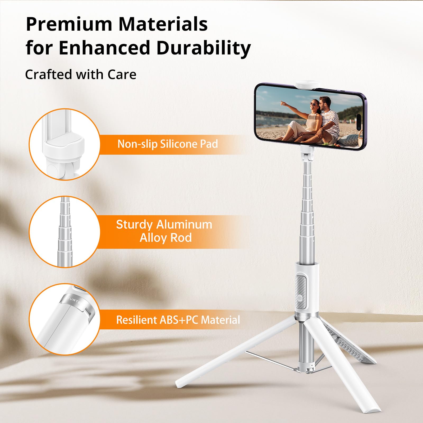 Atumtek 62" Selfie Stick Tripod, Extendable Aluminum Tripod With Rechargeable Bluetooth Remote, Compatible With Iphone And Android Smartphones, Perfect For Travel, Vlog, Video And Photo, White