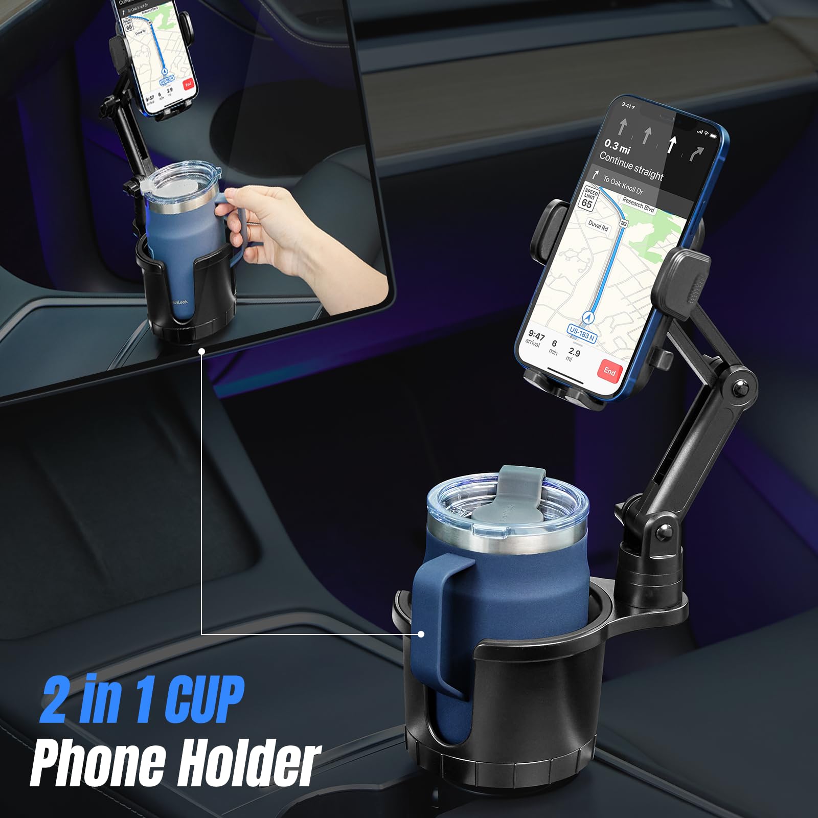 This Hill Cup Holder Phone Mount For Car, 2 In 1 Car Cup Phone Holder Expander With Adjustable Base,360 Degree Rotation,Cup Phone Holder For Car Compatible Iphone,Samsung & All Smartphones
