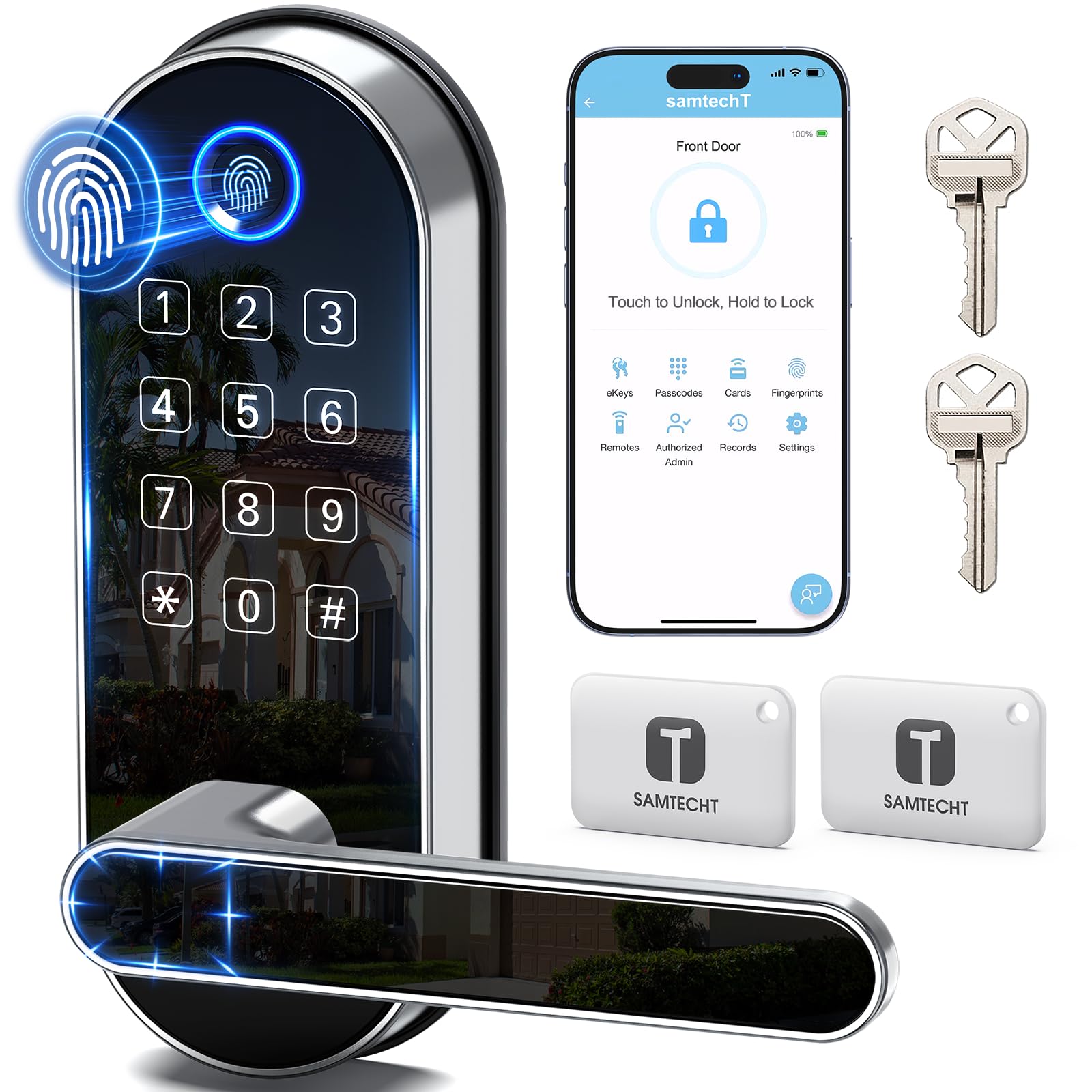 Samtecht Keyless-Entry Keypad Fingerprint Smart Lock: Digital Door Lock With Code Passcode, Electronic Door Handle, Biometric Door Knob For Entry Door, Bedroom Door (Silver)