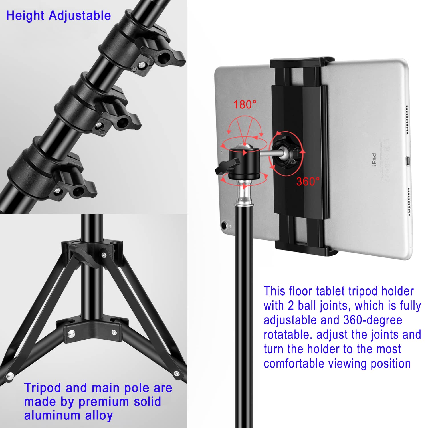 Samhousing Ipad Tripod Stand, With 65 Inch Height Adjustable Ipad Stand Holder & Ipad Floor Stand With 360° Rotating Ipad Tripod Mount For Ipad Pro, Iphone, Kindle, And All 4.5-12.9 Inch Tablets