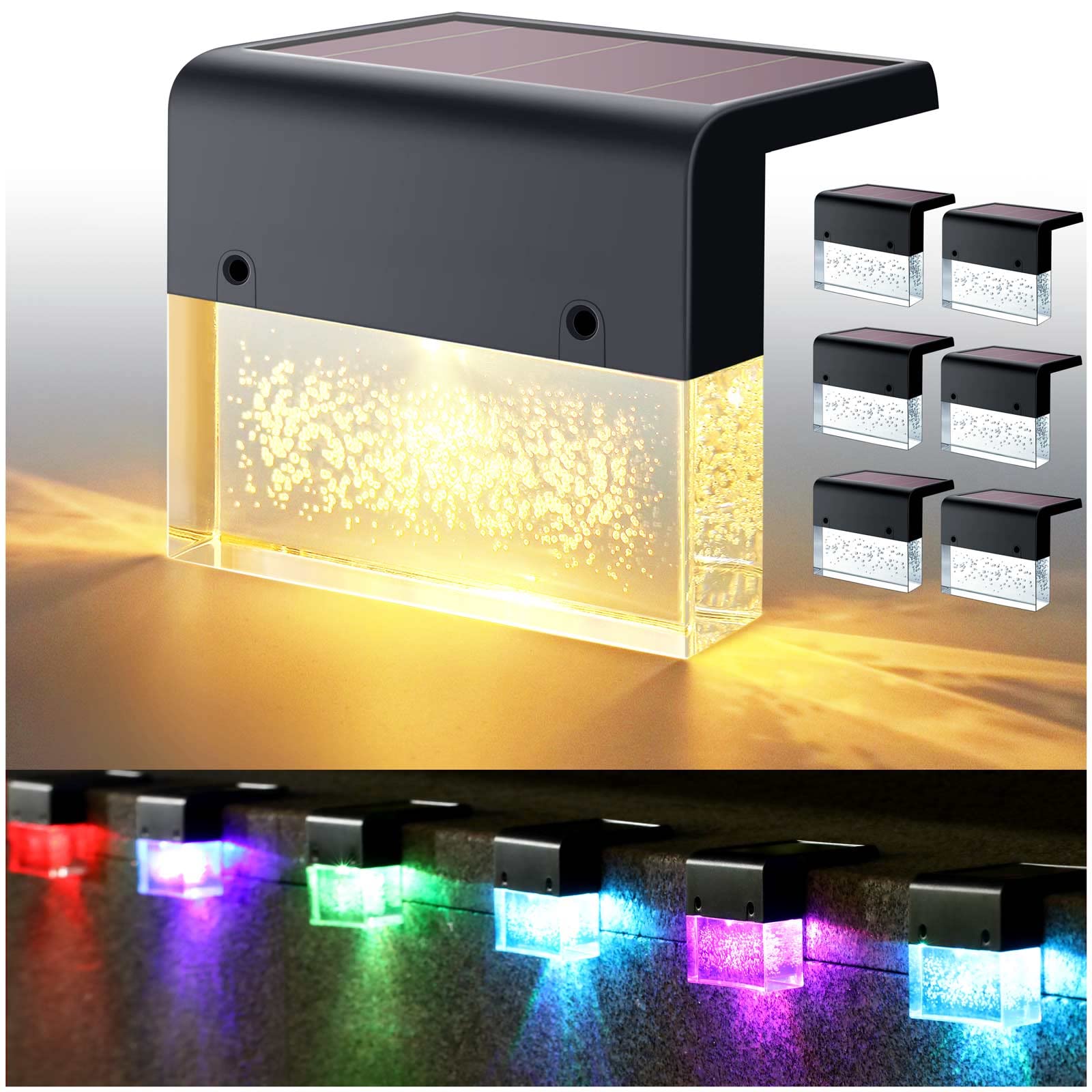 Denicmic Solar Deck Lights 3000K Warm White/Color Changing Outdoor Fence Solar Lights For Step, Railing, Wall, Pool Side Led Waterproof Patio Decor 6 Pack