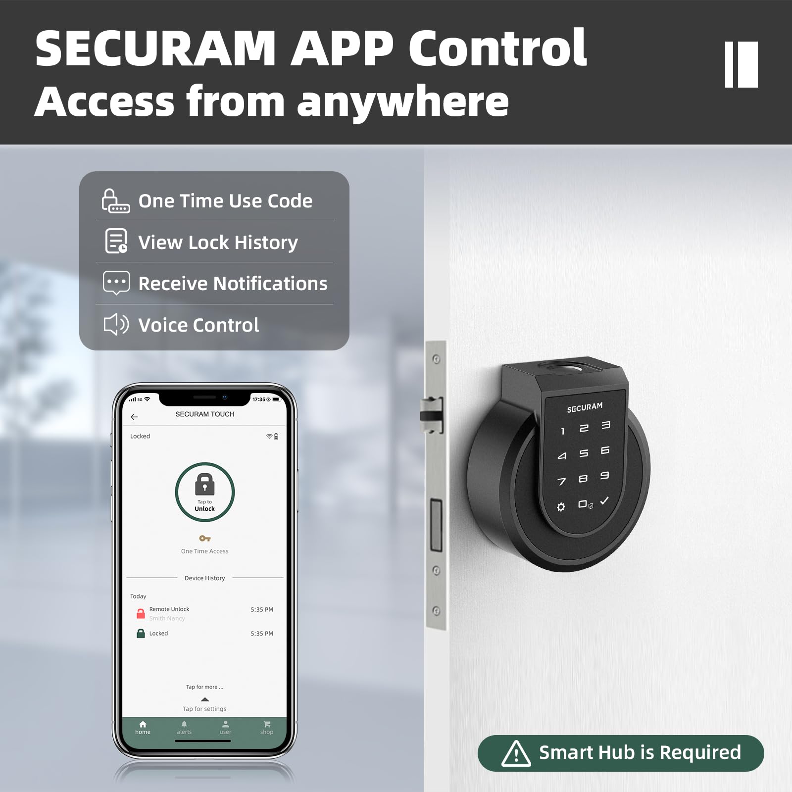 Securam Touch Fingerprint Smart Lock, Black, Biometric, Bluetooth Enabled, Auto Lock, Voice Control Via Alexa Or Google