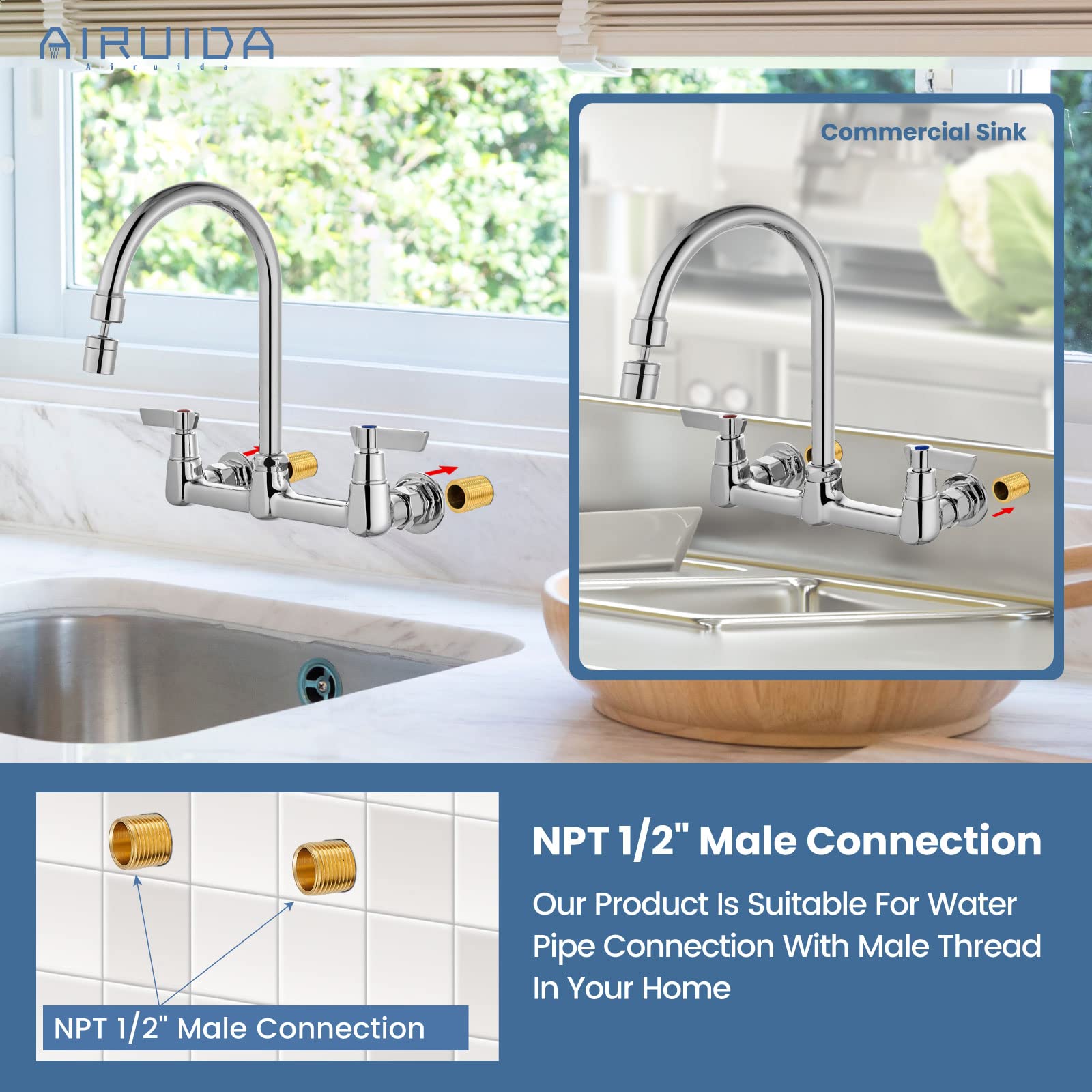 Airuida Wall Mount Kitchen Sink Faucet Wall Mounted Faucet 8 Inches Center Commercial Kink Tap 2 Handle Laundry Room Restaurant Compartment Sink Swivel Spout Without Adapters Chrome Polish