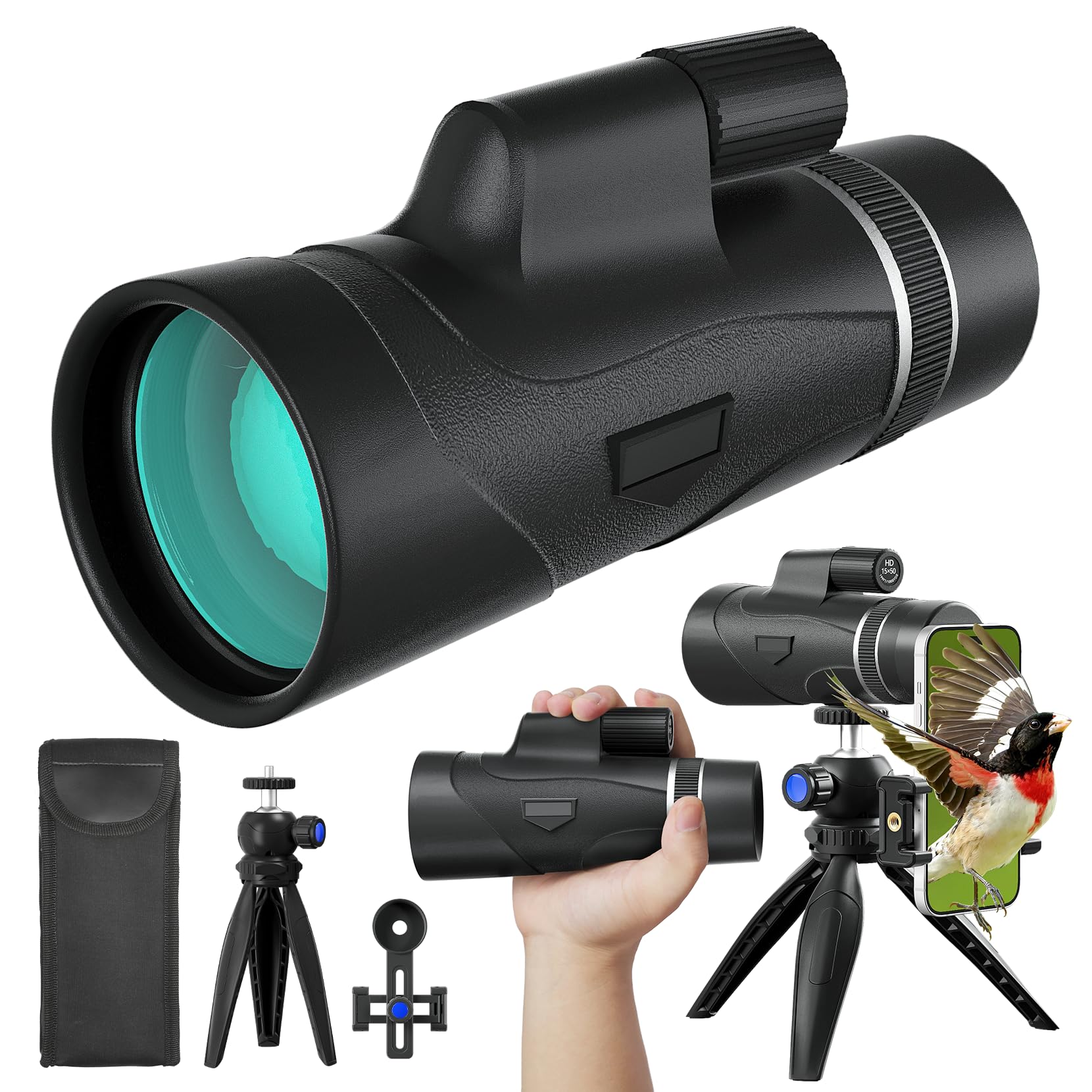 Urbancoast 15X50 Hd Monocular For Adults High Powered With Phone Adapter And Tripod, Monocular Compact With Bak4 Prism & Fmc Lens, Monoculars For Hunting, Bird Watching, Hiking,Traveling