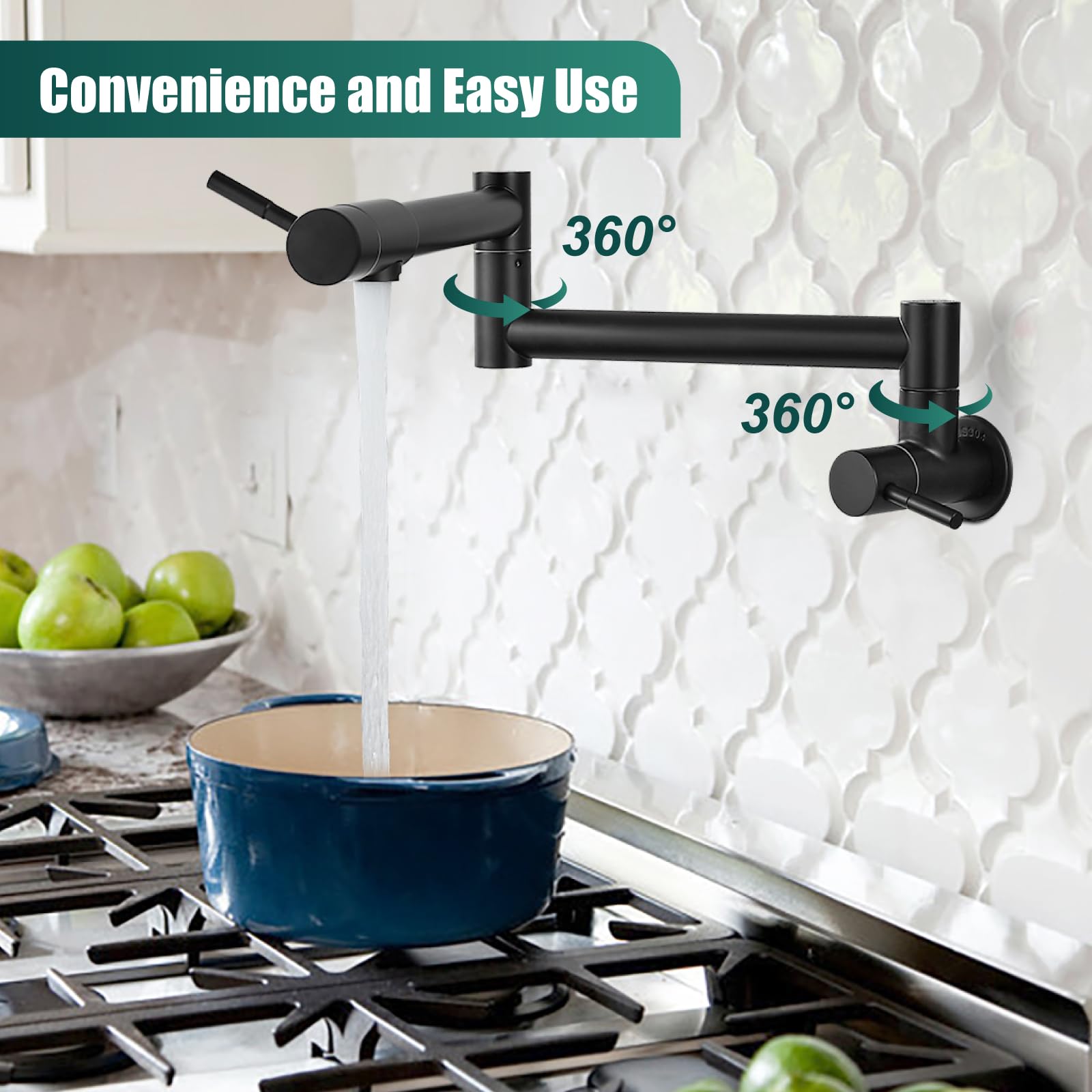 Heyalan Pot Filler 19 Inch Wall Mount Folding Stretchable Kitchen Restaurant Faucet Stainless Steel Pot Filler Double Joint Swing Arm Two Handles Commercial Npt,Straight Handle,Matte Black