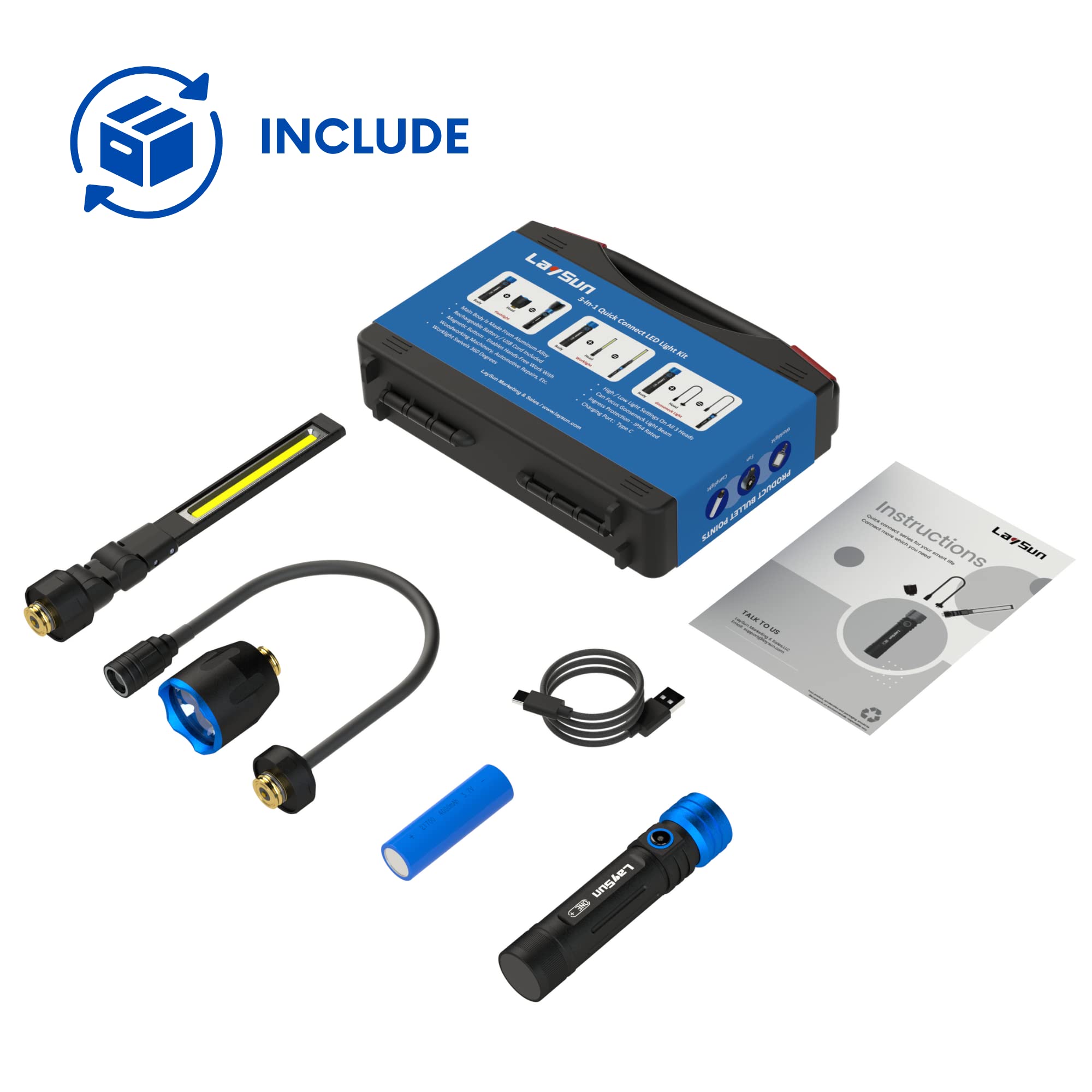 Laysun 3 In 1 Quick Connect Rechargeable Led Work Light Kit With Magnetic Base, Led Flashlight With Flexible Gooseneck Light And Slim Bar Light, 4000Ma Battery And Usb-C Charge