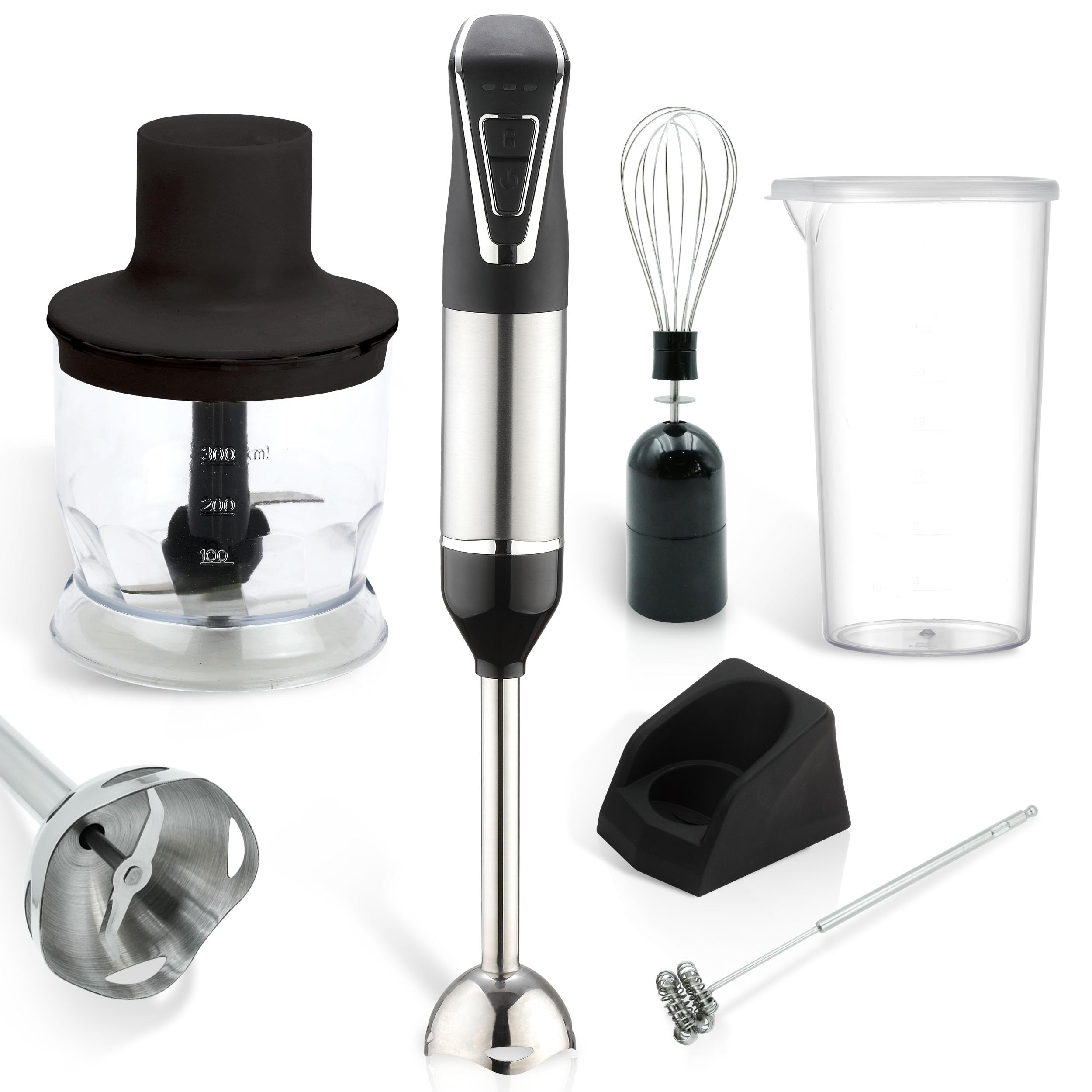 Weavelife Cordless Portable Immersion Blender 5-In-1 Blender Set, Ice Crushing Power With One-Touch Speed Control, Comes With Potato Masher, Whisk, Chopper, Beaker, And Storage Case, Stainless Steel