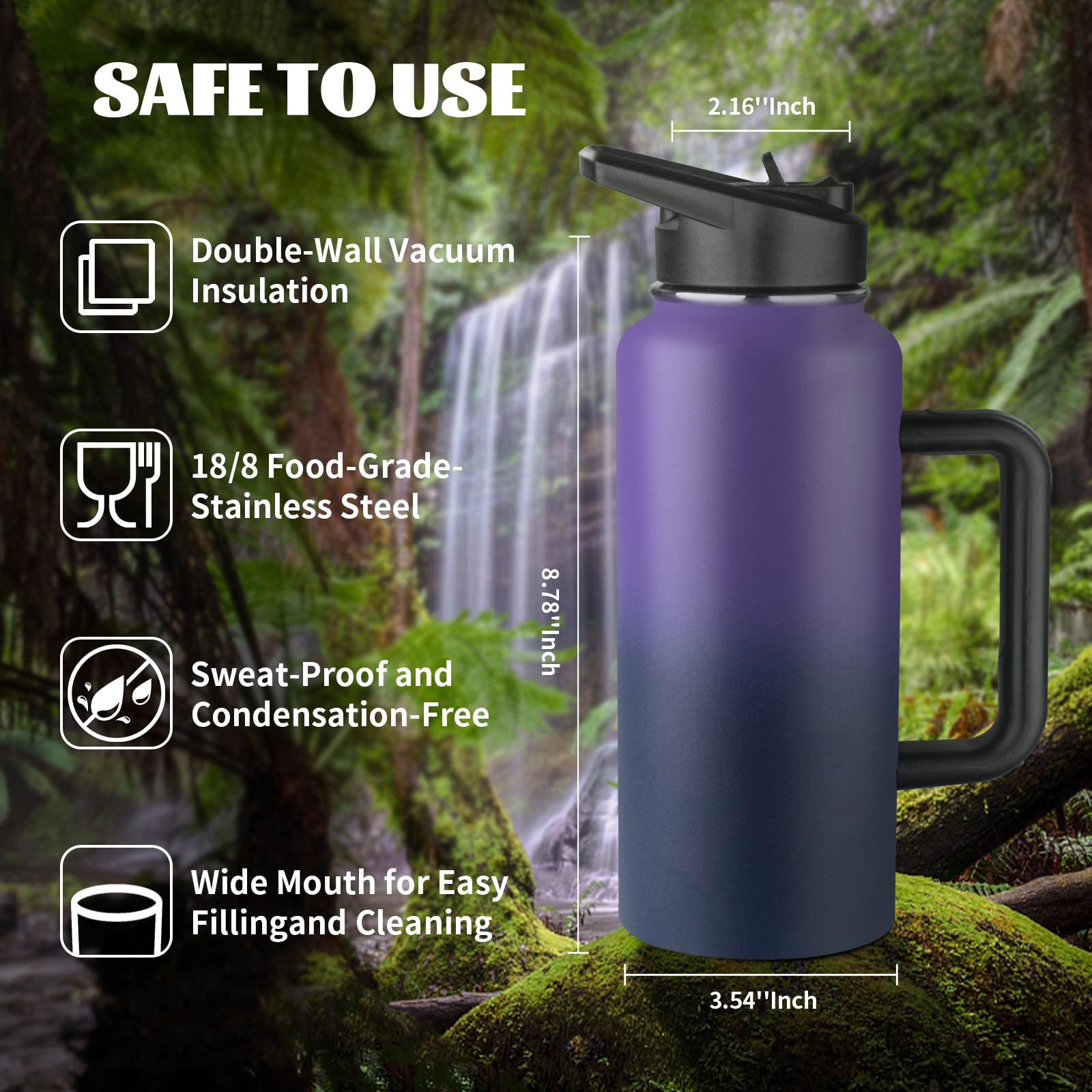 32Oz Insulated Water Bottle With Handle, Stainless Steel Sports Metal Water Flask With Straw