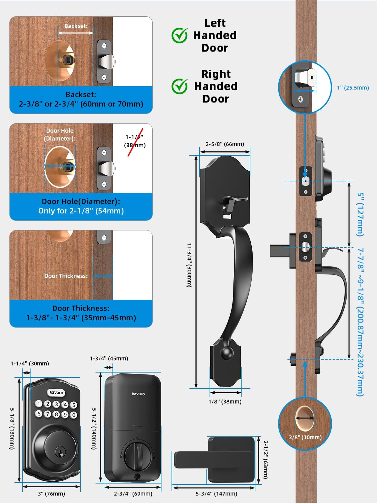 Revolo Re001 Electronic Keypad Deadbolt, Keyless Entry Door Lock, Keyed Entry, Auto Lock, Smart Lock With Handle, Front Door Handle Sets, Anti-Peeking Password, Sandblasted Black