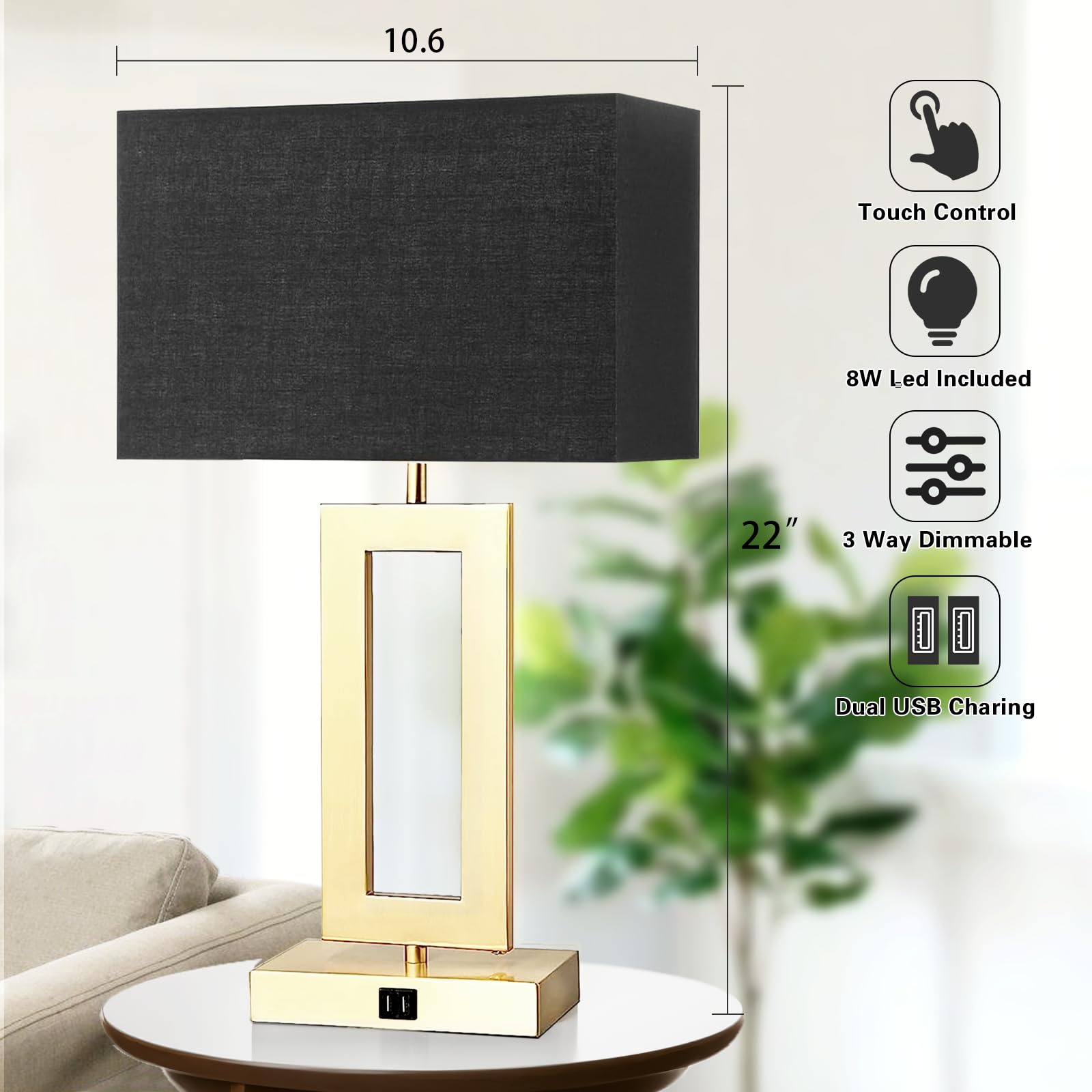 Gernehop Black Table Lamps Set Of 2 With Dual Usb Ports,3-Way Dimmable Touch Control Bedside Lamps,22Inch Tall Modern Bedroom Table Lamp For Living Room,Nightstand Led Bulbs Included