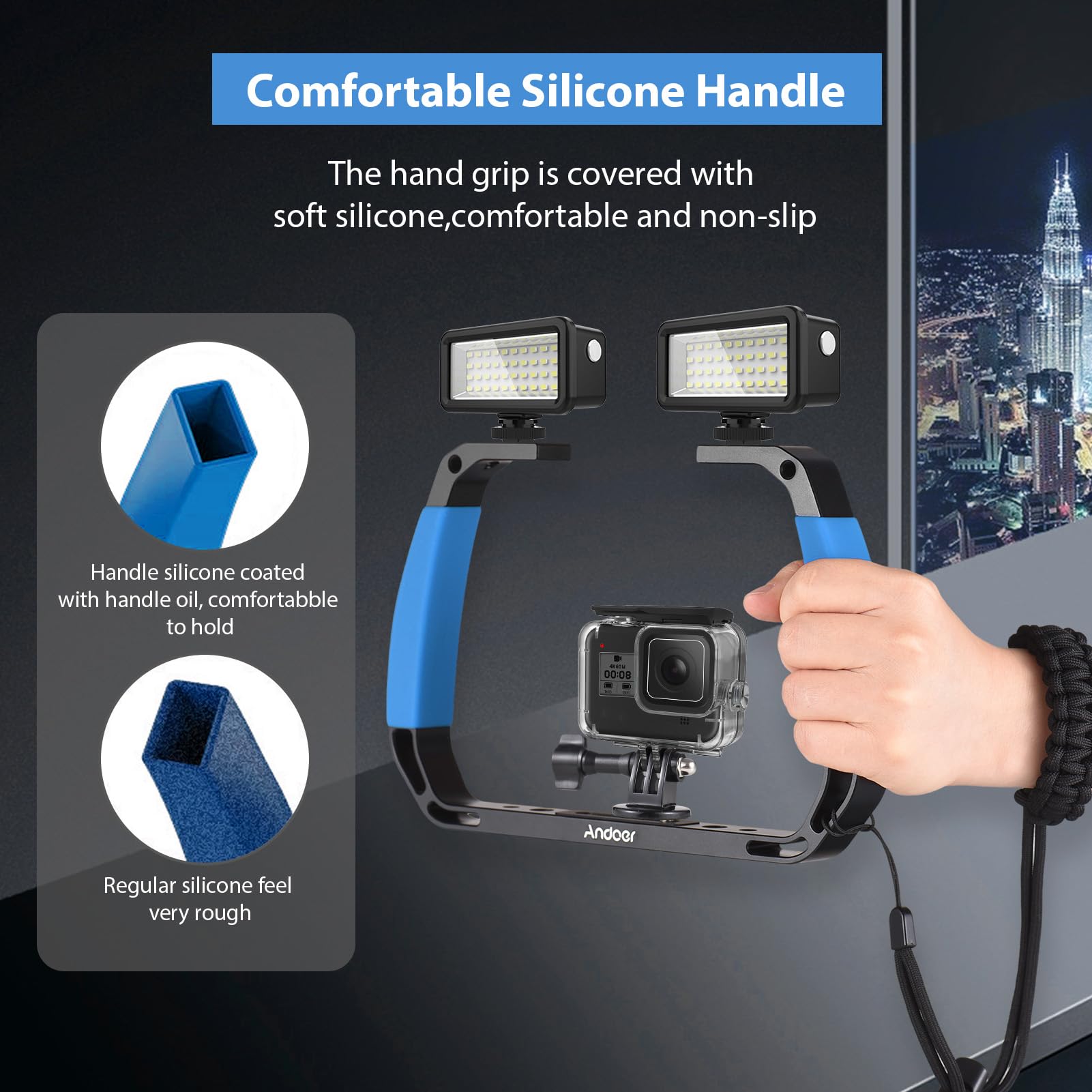 Andoer Submersible Stabilizer Mount, Handheld Stabilizer For Action Camera With Mounts For Cold Shoes Strap Compatible With Gopro Hero 12/11/10, Dji Osmo Action 4/3/2, Insta360, Azul