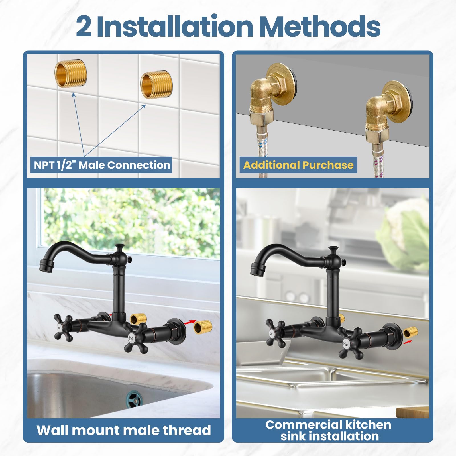 Airuida Wall Mounted 8 Inch Center Kitchen Sink Faucet Commercial Wall Mount Kitchen Tap Double Cross Handles 360 Rotatable Spout For Utility Laundry Restaurant Vintage Spout Oil Rubbed Bronze