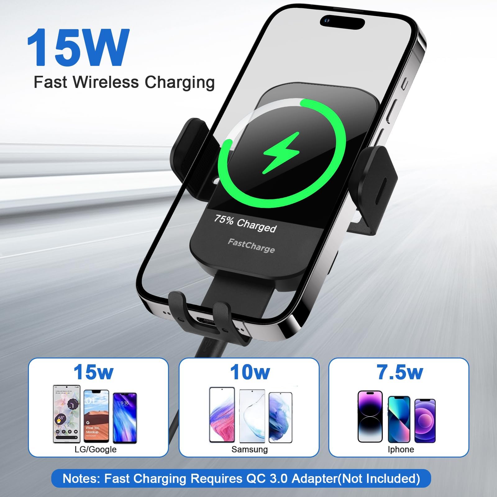 Trixcoin 2-In-1 Wireless Car Cup Holder Phone Charger: 15W Fast Charging Auto Clamping Air Vent Car Mount Charger 13Inch Adjustable Long Neck Phone Holder Cradle For Car, Universal For Iphone Samsung