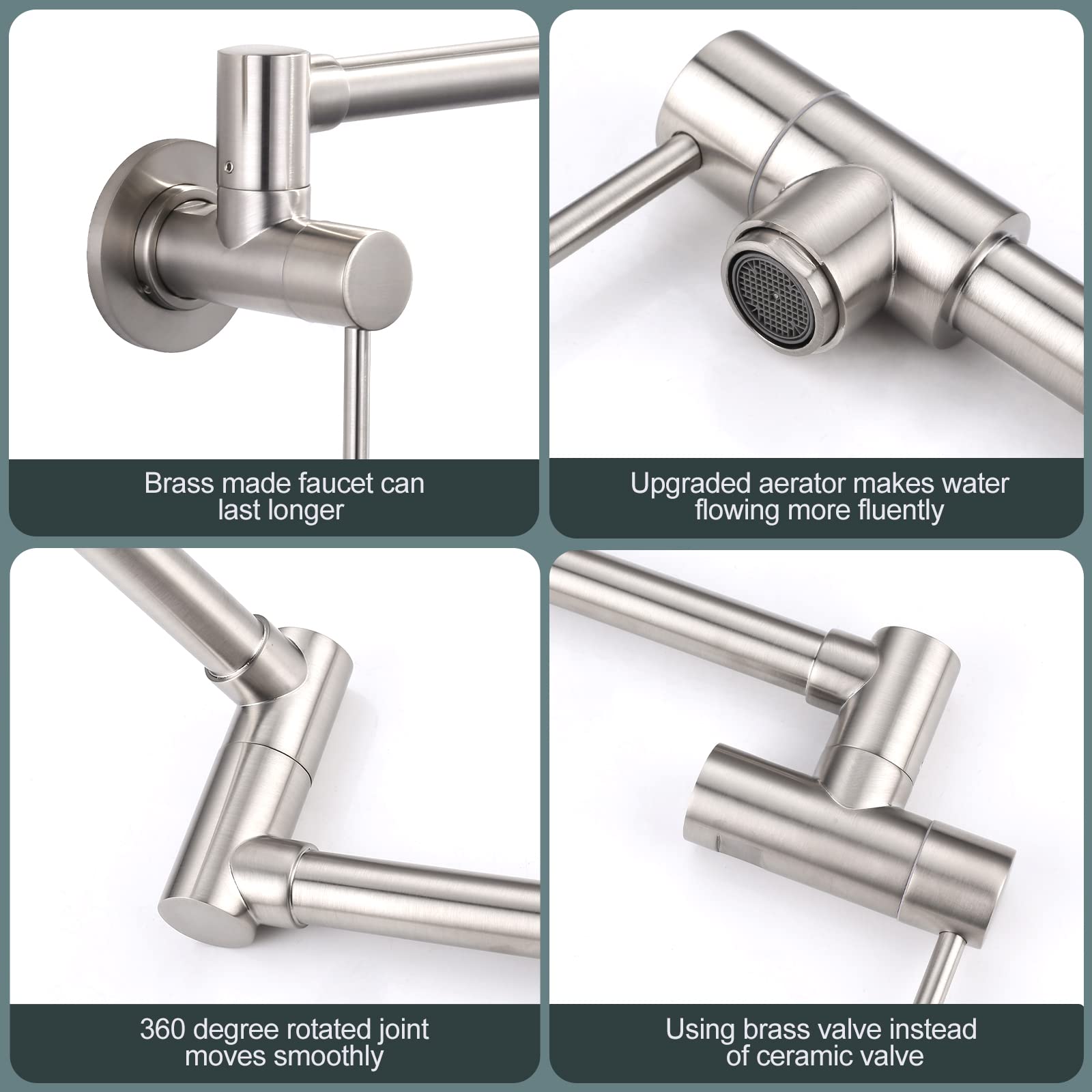 Aleasha Brass Made Pot Filler Faucets, Brushed Nickel Kitchen Sink Pot Filler, Wall Mount Folding Kitchen Pot Filler Faucet, Retractable Single Hole Pot Filler With Two Handles For Sink Stove