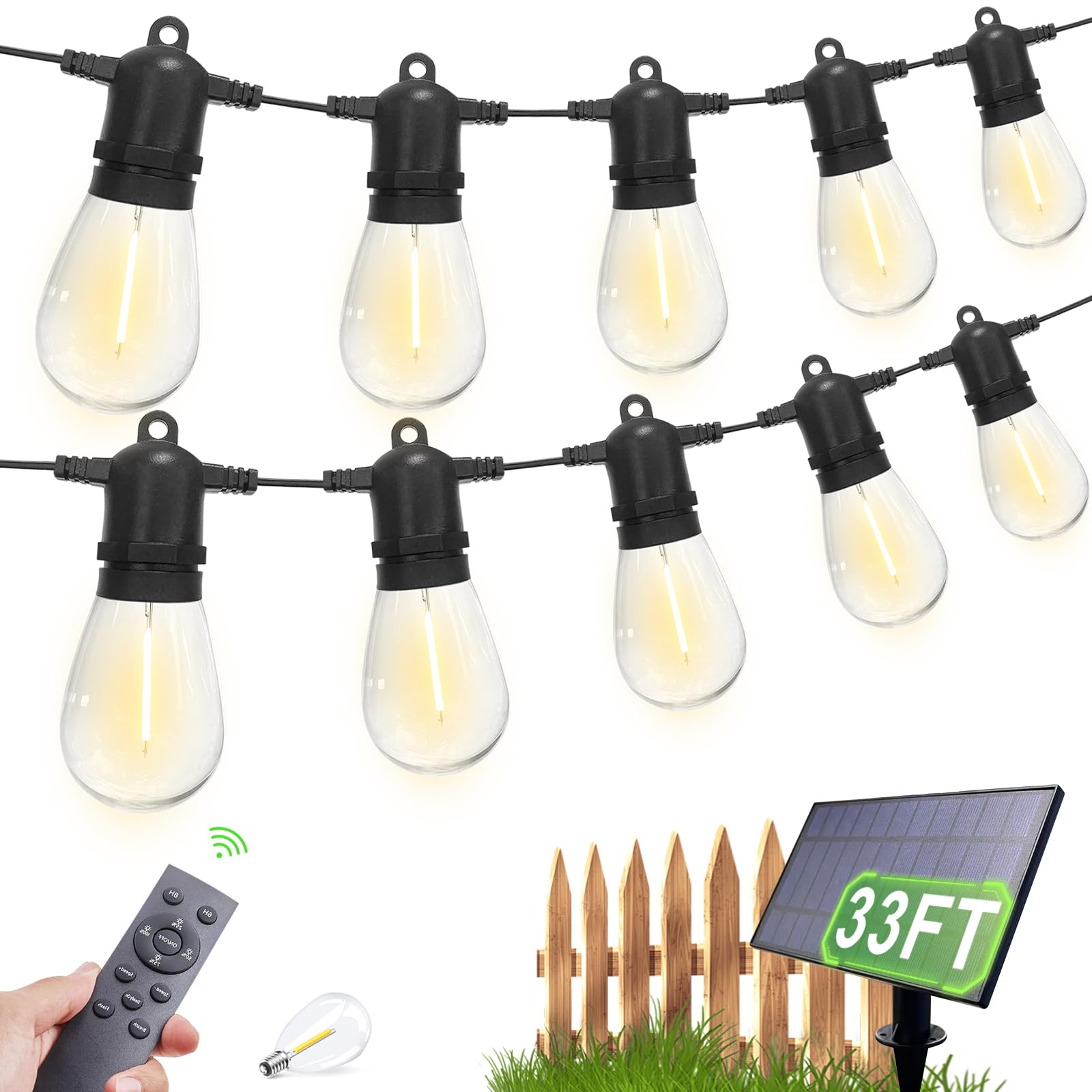 Yaojin 33Ft(27+6) Commercial Solar Lights Outdoor, 9 Edison Bulbs Shatterproof, Ip65 Waterproof With Usb, 1W Soft White For Porch/Bistro/Cafe