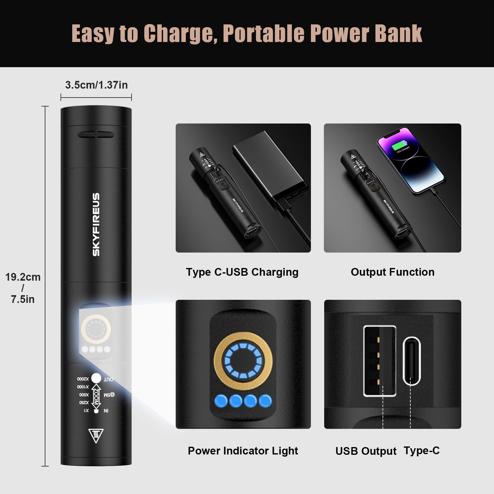 Skyfire Led Rechargeable Flashlight With Focusing Lens,2000000 Lm Super Bright Tactical Flashlights High Lumens,Five Modes,Camping Flash Light For Outdoor,Emergency-Black