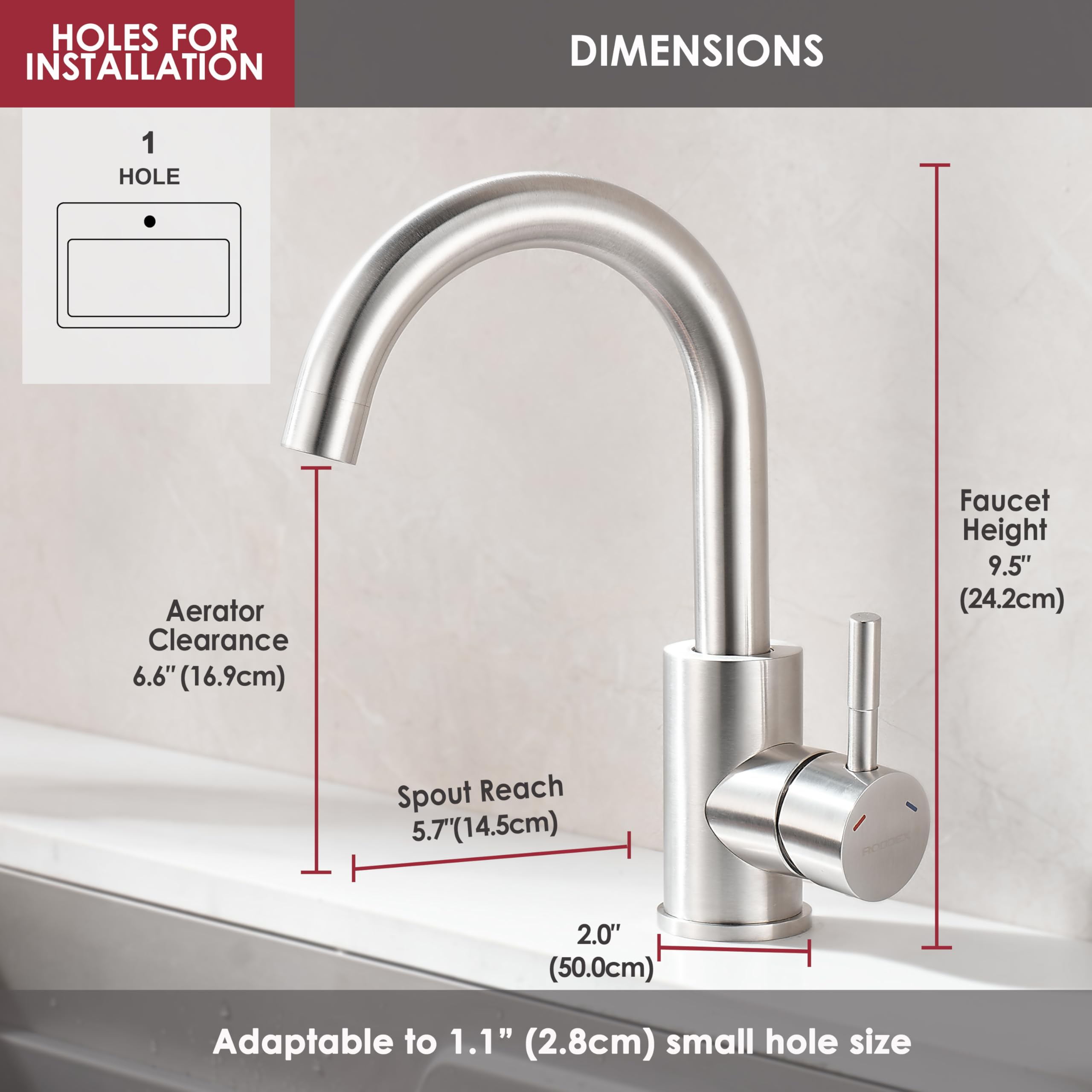 Roddex Bar Sink Faucet, Single Hole 360 Swivel Stainless Steel Faucets, Small Modern Single Handle Tap For Kitchen Bath Bathroom Sink, Brushed Nickel