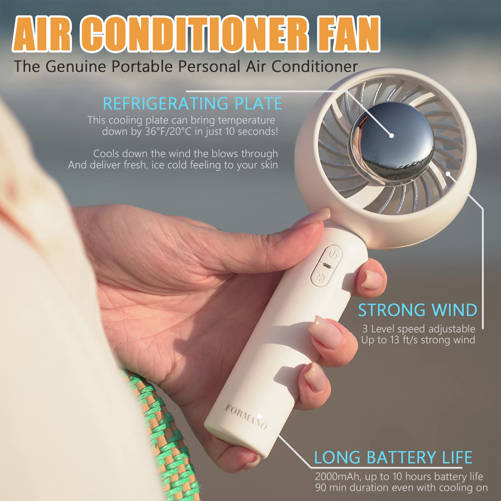 Air conditioner fan with ice pad for portable cooling, handheld design for easy cooling anywhere