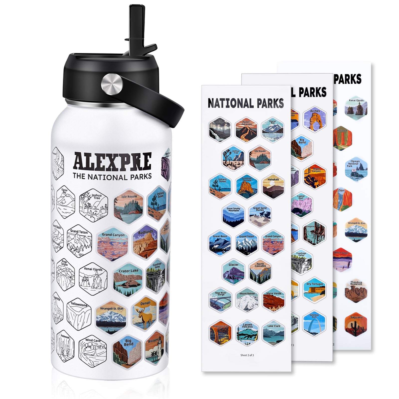 63 National Parks Water Bottle With Water Proof Stickers,32 Oz Leak Proof Insulated Stainless Steel