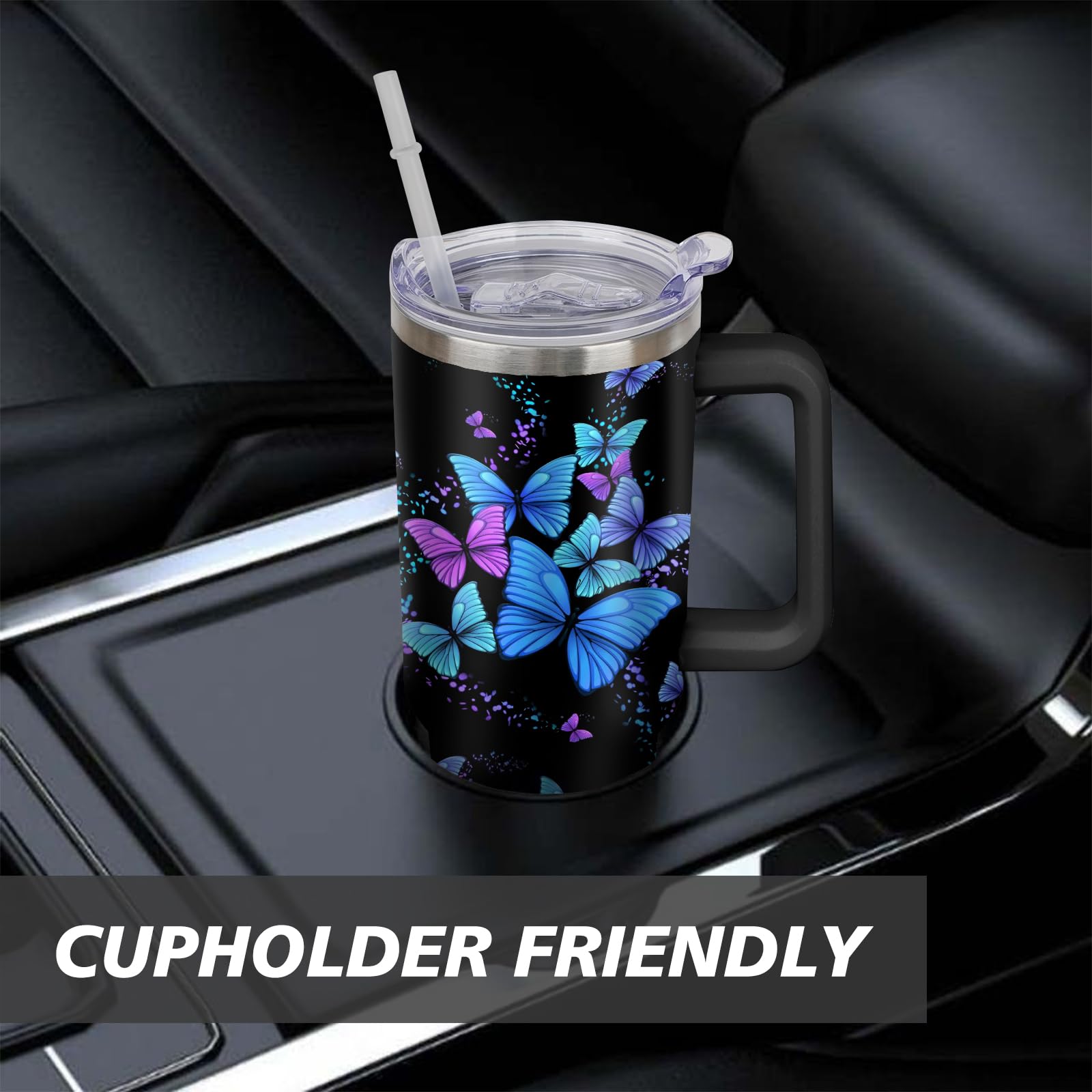 Butterfly Tumbler With Lid, Straw And Handle - 40Oz Stainless Steel Travel Coffee Mug Water Bottle