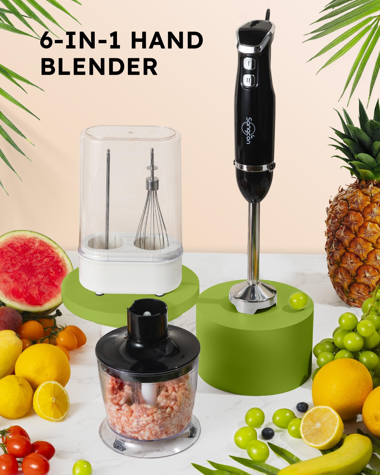 Sangcon Bundled 6-In-1 Immersion Blender Handheld, Hand Blender With Chopper & 34Oz Blending Cup Storage Base