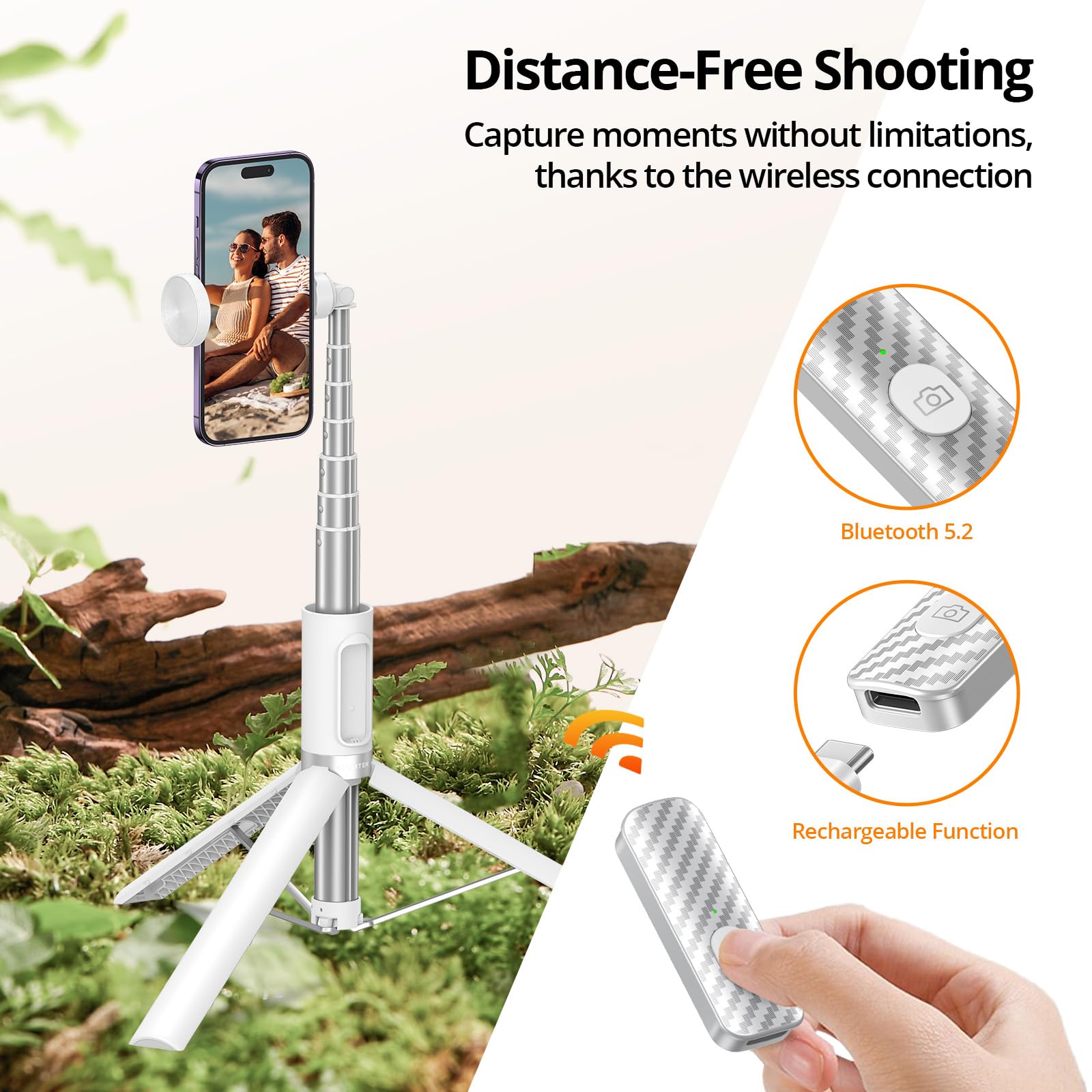 Atumtek 55" Selfie Stick Tripod, All-In-One Extendable Aluminum Phone Tripod With Rechargeable Bluetooth Remote, 360 Rotatable For Iphone 15 Pro Max/15/14/13 Samsung Smartphones, White