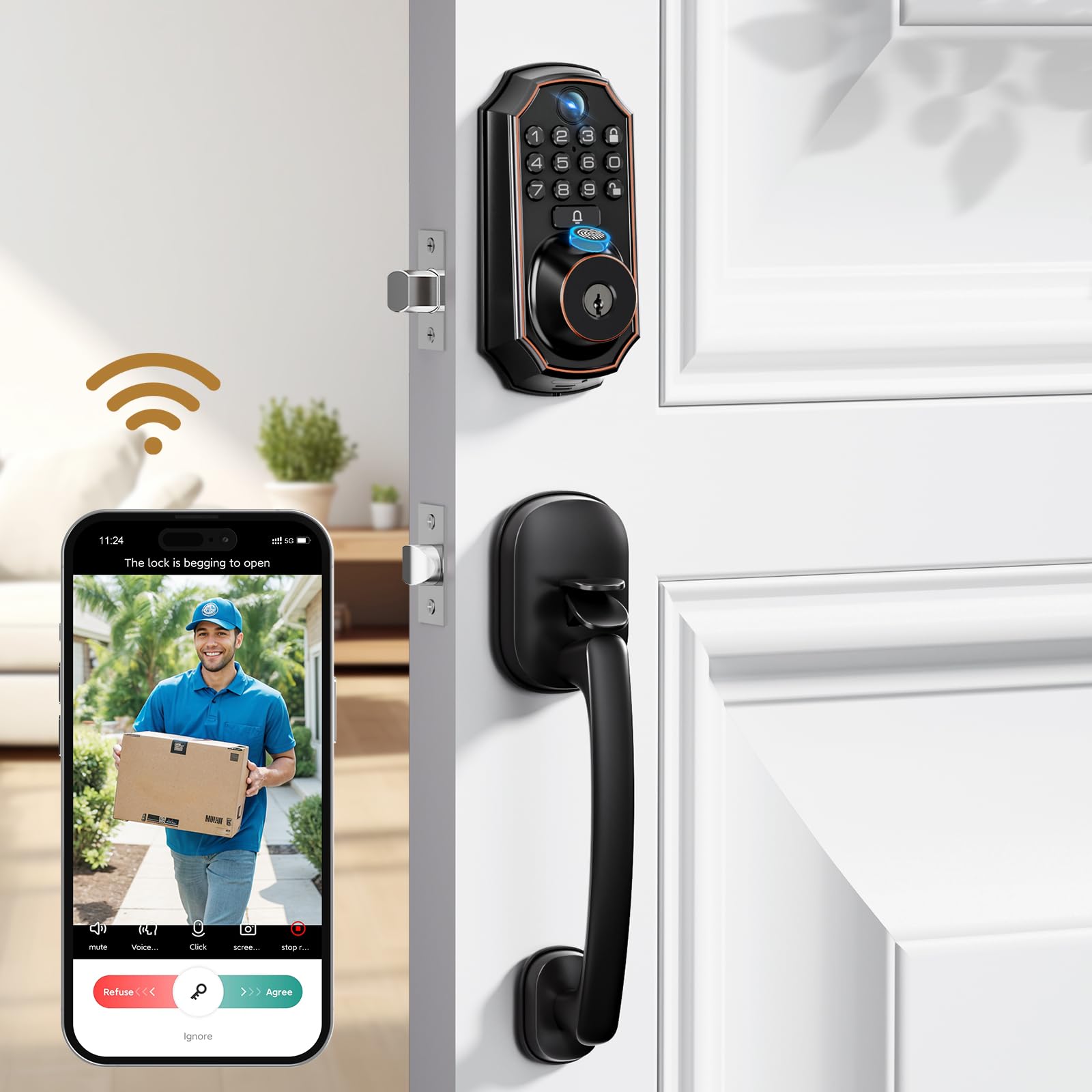 Arpha Keyless Entry Deadbolt With Handle Set - Wifi Smart Lock With Camera, 5-In-1 Camera+Doorbell+Fingerprint+Keypad, App Control, Auto Lock, Easy Install, Waterproof For Front Door