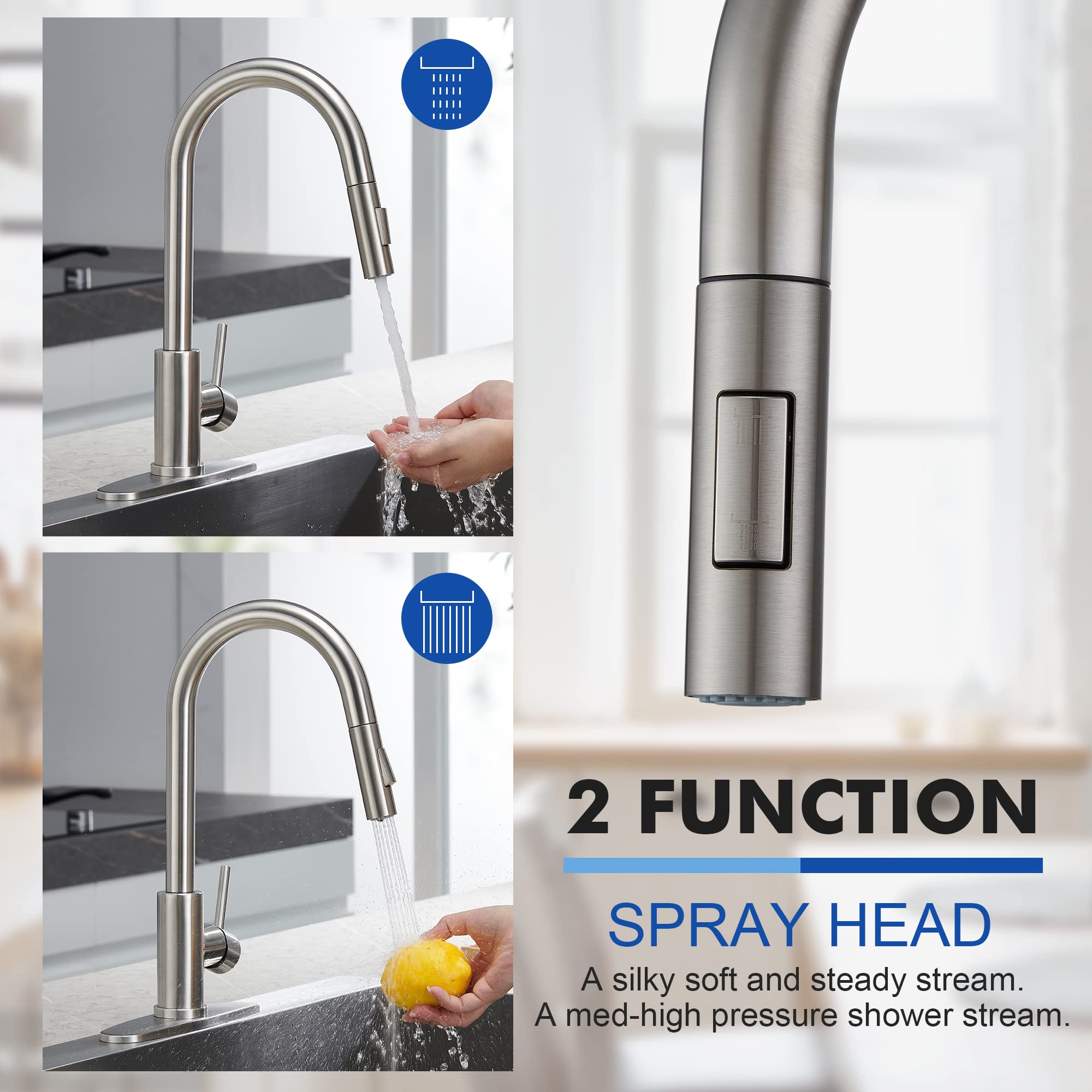 Tohlar Kitchen Sink Faucets With Pull-Down Sprayer, Modern Stainless Steel Single Handle Pull Down Sprayer Faucet With Deck Plate