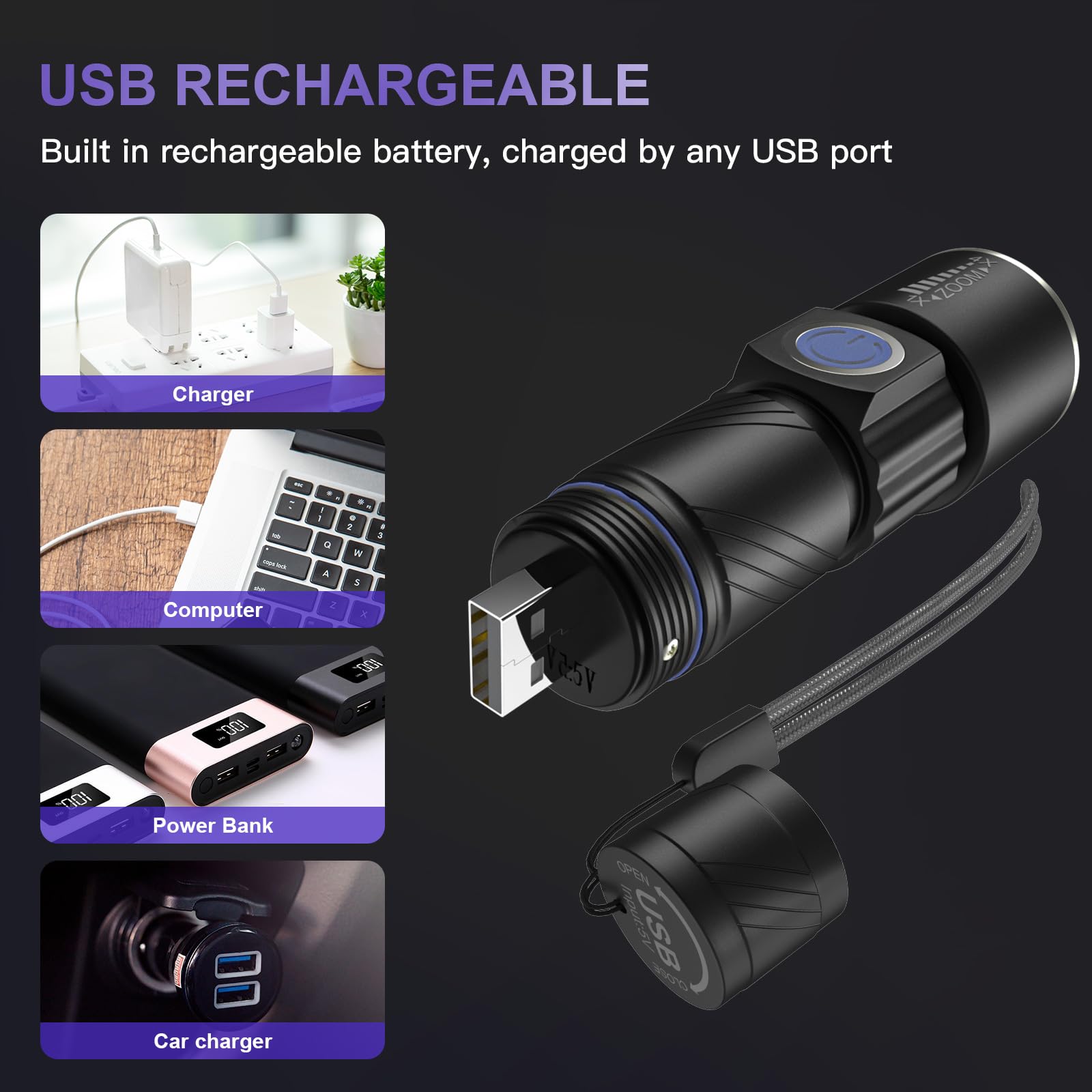 Cosoos Usb Rechargeable Black Light Flashlight, 395Nm Uv Flashlight With 3 Modes, Mini Handhled Pocket Zoomable Torch, Portable Detector For Dog Urine, Stains, Resin Curing, Scorpions