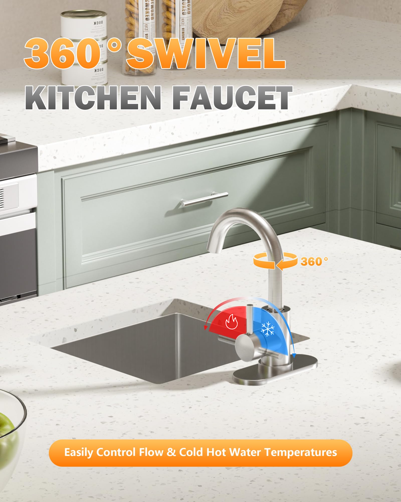 Iviga Modern Bar Sink Faucet, Single-Handle Bathroom Kitchen Sink Faucet, 1 Hole Wet Bar Sink Faucets With 360°Swivel Spout For Bar Rv Laundry Farmhouse, Brushed Nickel