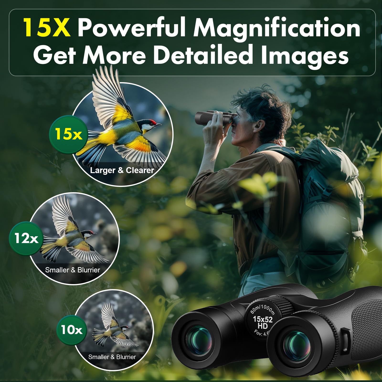 Aurosports 15X52 Binoculars For Adults High Powered: Waterproof Fogproof Shockproof Uhd Binoculars Easy Focus - Large View Travel With Clear Low Light Vision For Bird Watching Hiking Hunting Trip Black